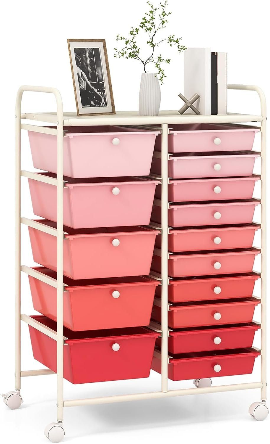 KOMFOTTEU Rollwagen mit 15 stapelbaren Schubladen, Schubladenwagen Farbewahl Rosa