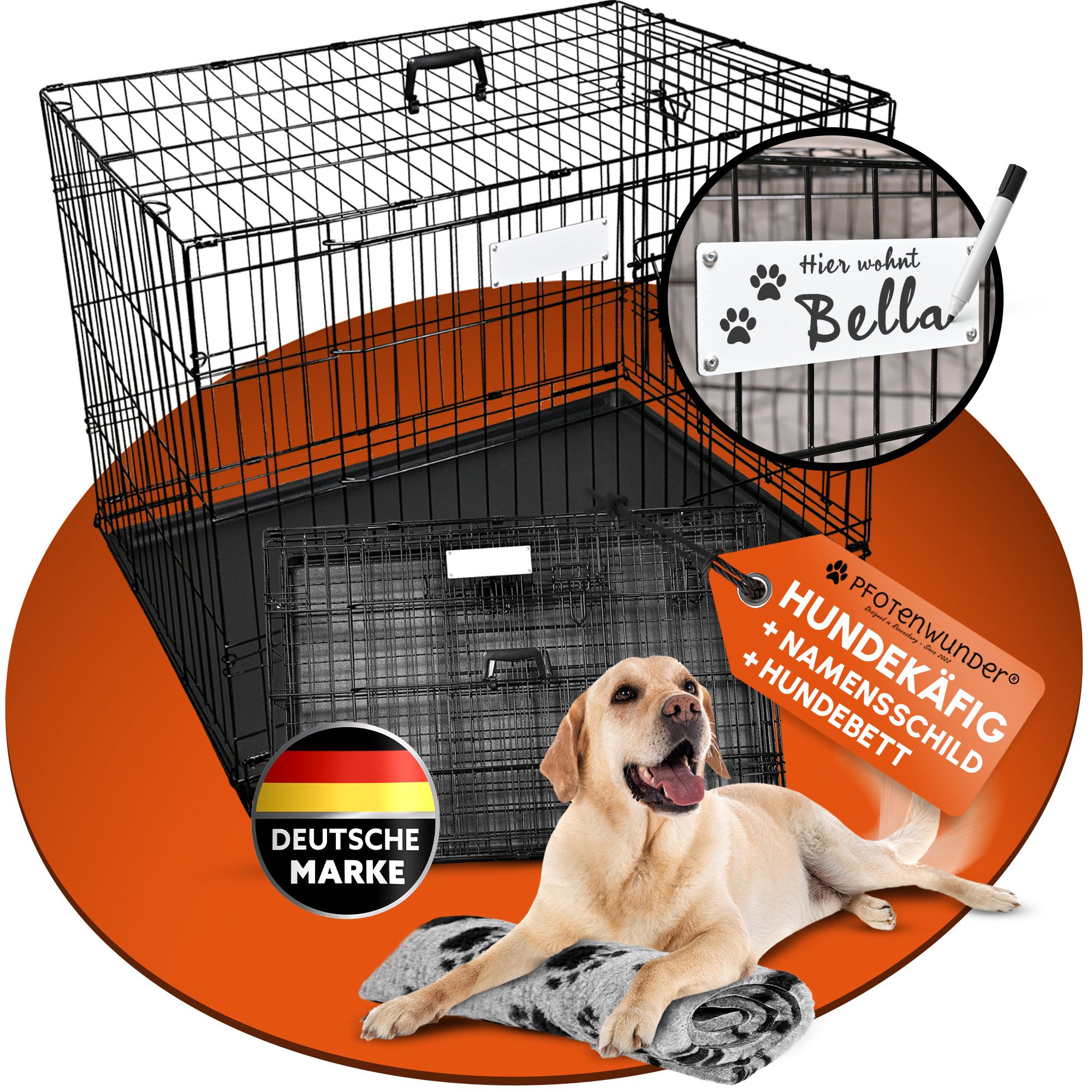 PfotenWunder Hunde-Transportbox Hundekäfig für zuhause 3 Größen + Hundebett Gitterbox Hundetransport