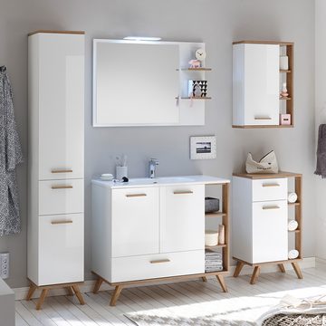 Lomadox Hochschrank MALANJE-66 Badezimmer in weiß glänzend & Riviera Eiche quer Nb. - 35,5/205/33cm