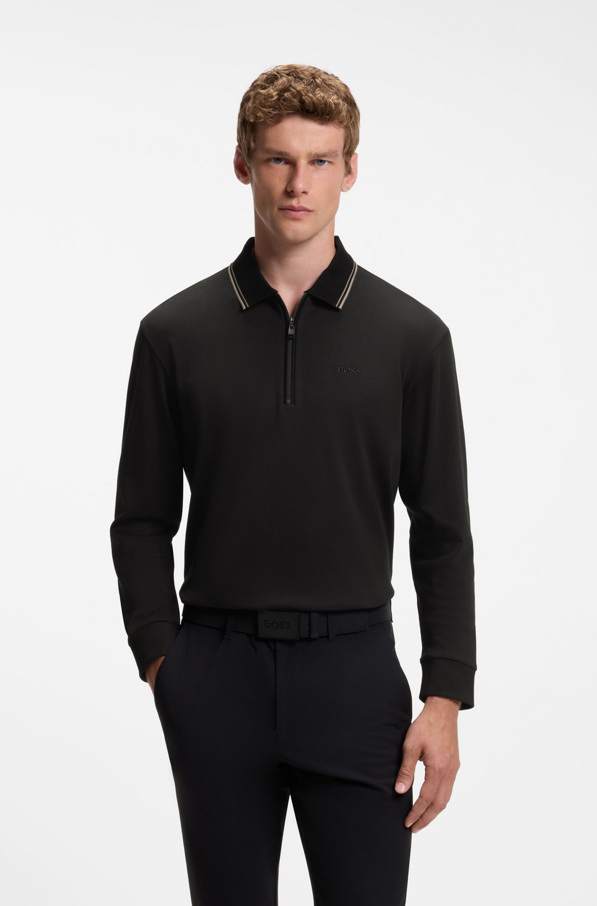 BOSS GREEN Langarm-Poloshirt PL Cord Plisy mit Reißverschluss, reine Baumwolle, Saum- und Ärmelbündchen