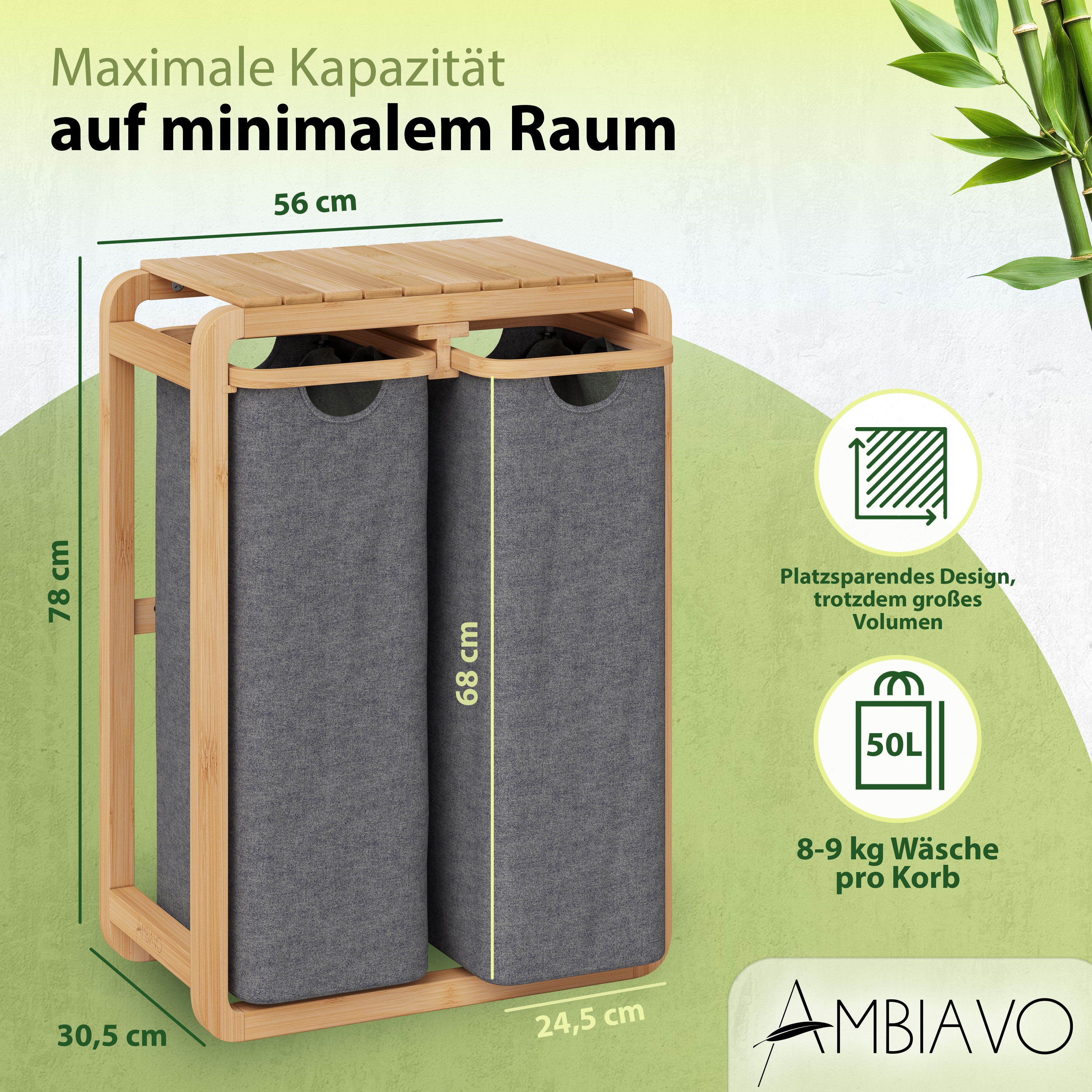AMBIAVO Wäschekorb 2 Fächer mit waschbaren Baumwollsäcken, 100 L Volumen, stabiler 3x3 cm Bambusrahmen, innovatives Design