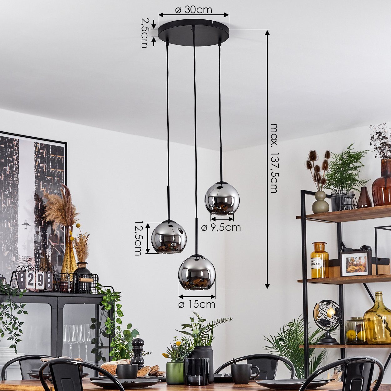 hofstein Hängeleuchte »Cesaro« Hängelampe aus Metall/Glas in Schwarz/Chromfarben, ohne Leuchtmittel, Retro Design mit Schirmen aus Glas (15cm), Höhe max. 137, 5cm, 3xE27