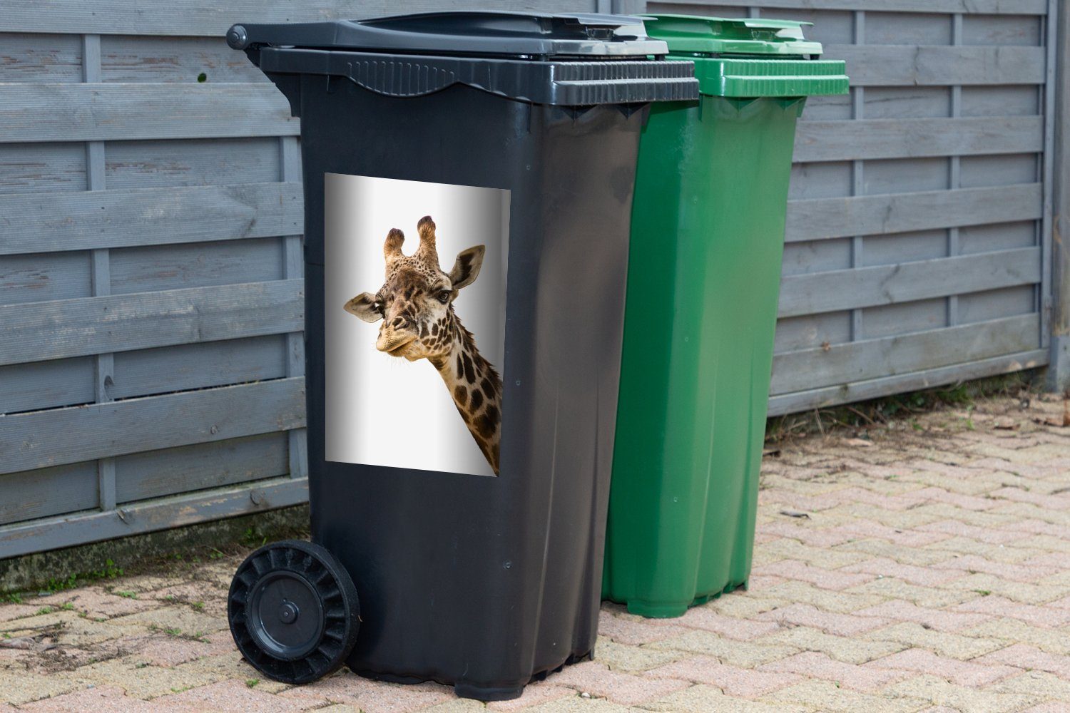 Hintergrund Sticker, MuchoWow Neugierige Abfalbehälter Giraffe (1 weißen vor St), Mülltonne, einem Mülleimer-aufkleber, Container, Wandsticker