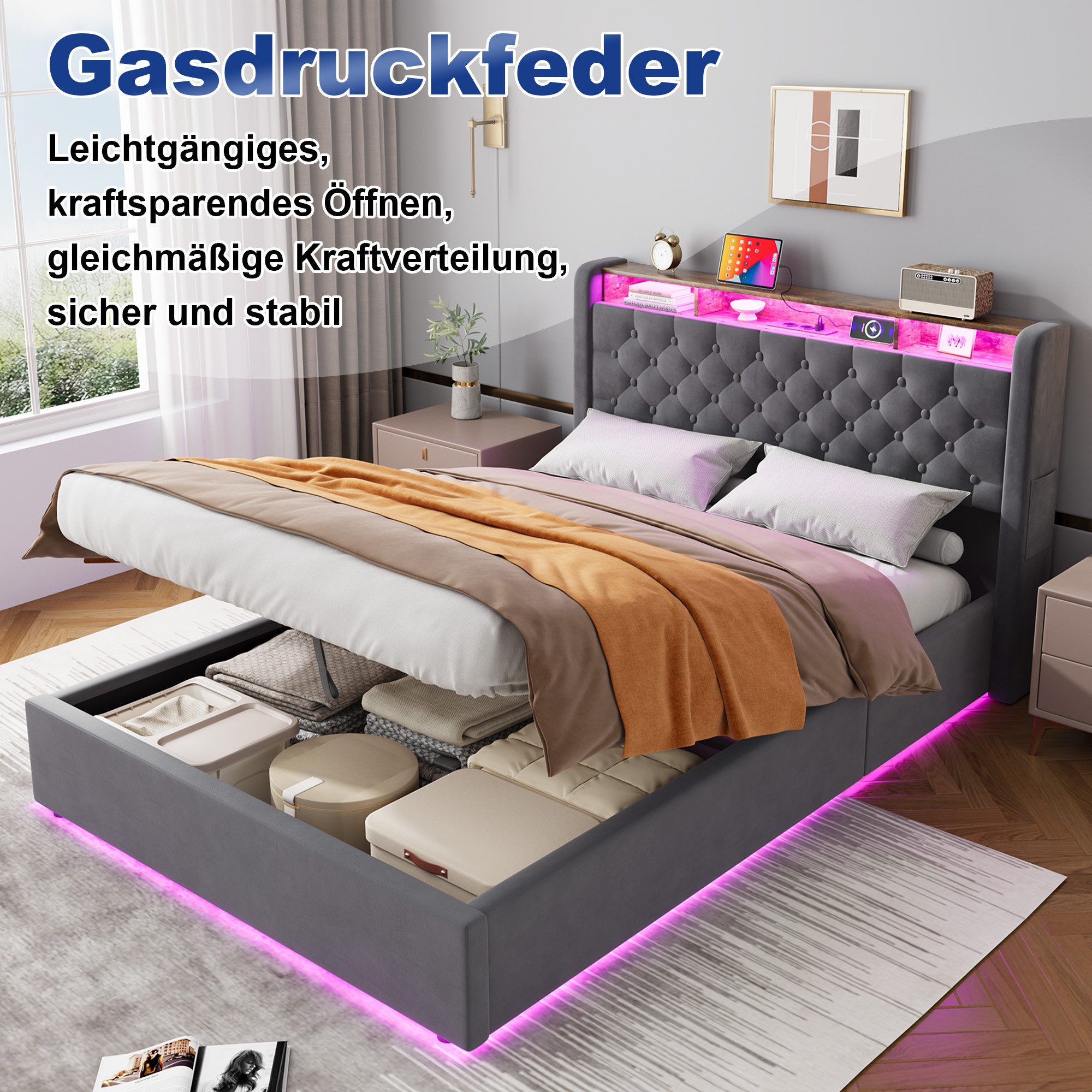 STILVORA Polsterbett 140×200 mit bettkasten,Funktionbett Jugenbett mit Stauram & Steckdose (Hochdichter Lattenrost, Metall-Querstrebe,Gepolstertes Kopfteil, Mod – Bild 5 von 5