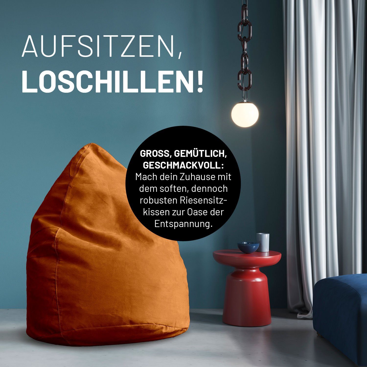 Lumaland Sitzsack waschbar PLUS Sitzkissen 85x65cm 220L orange Bag, Luxury robust Bean Bodenkissen XL Microvelours weich