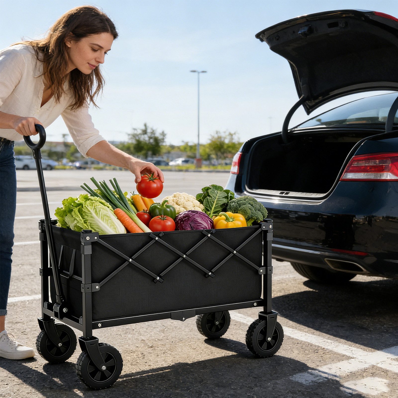 BlingBin Bollerwagen Faltbarer Handwagen mit Griff Verstellbarer Griffhöhe bis 80 kg (1er Set, 1-tlg., 67L x 45B x 89H cm), Kleiner Gartenwagen faltbar, kompakt für Sport Einkauf Camping
