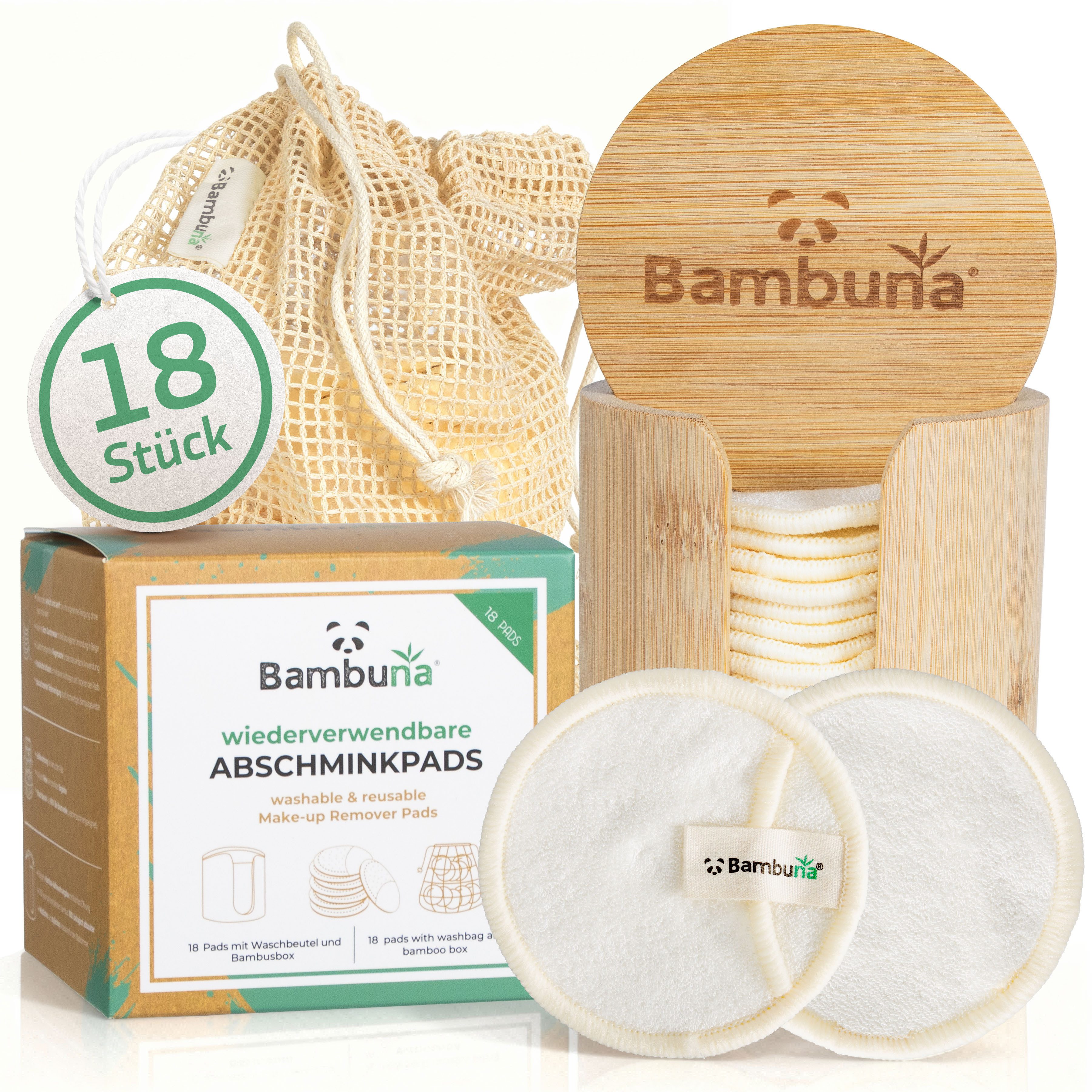 Bambuna Abschminkschwamm Wiederverwendbare Wattepads mit Bambusbox und Waschbeutel, Abschminkpads waschbar - umweltfreundliche Abschminktücher - Make Up Entferner Pads - weiche Reinigungspads, 18 tlg., Spar Set, Made in Germany