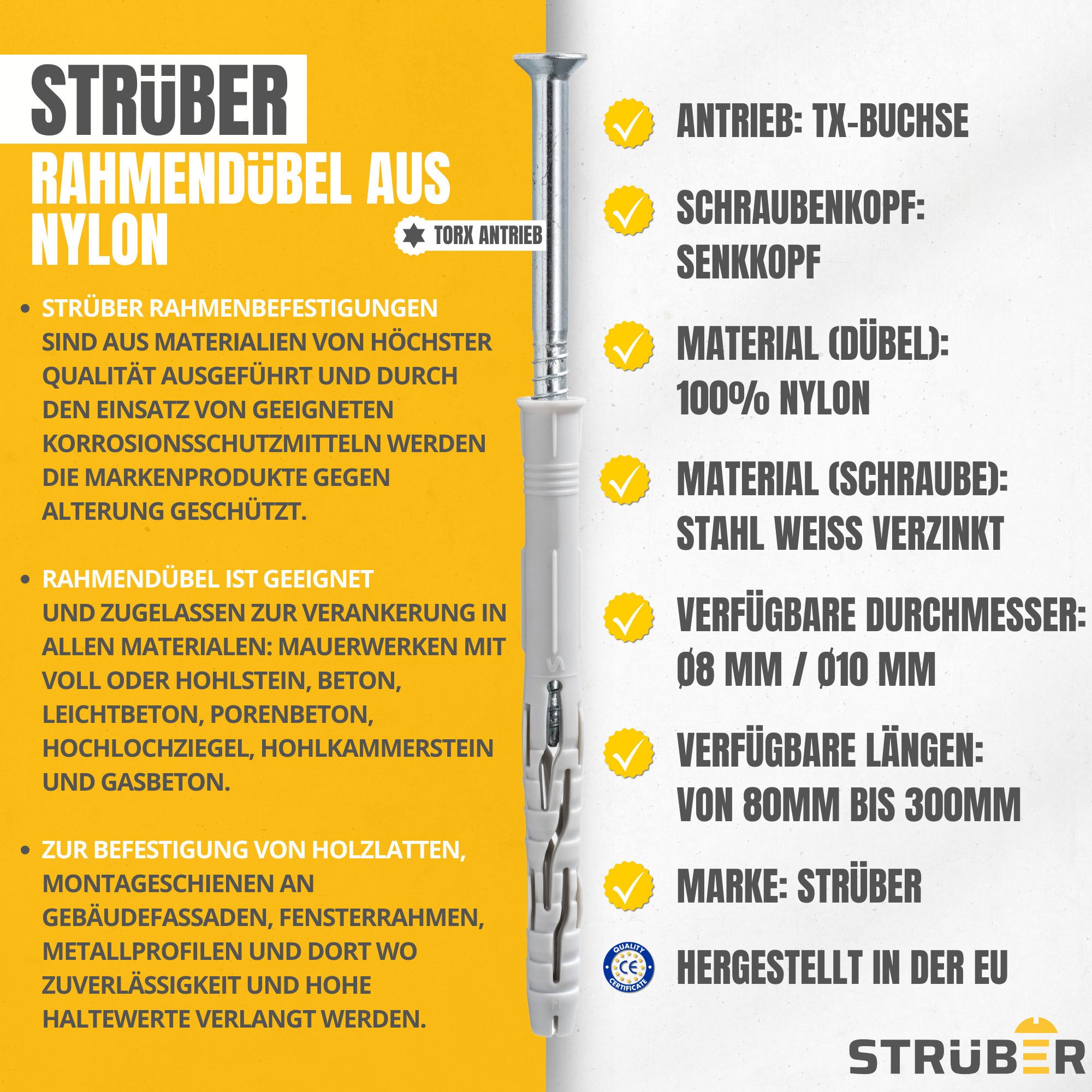 STRÜBER Schrauben- und Dübel-Set Rahmendübel aus Nylon mit Senkkopfschrauben und TX-Buchse