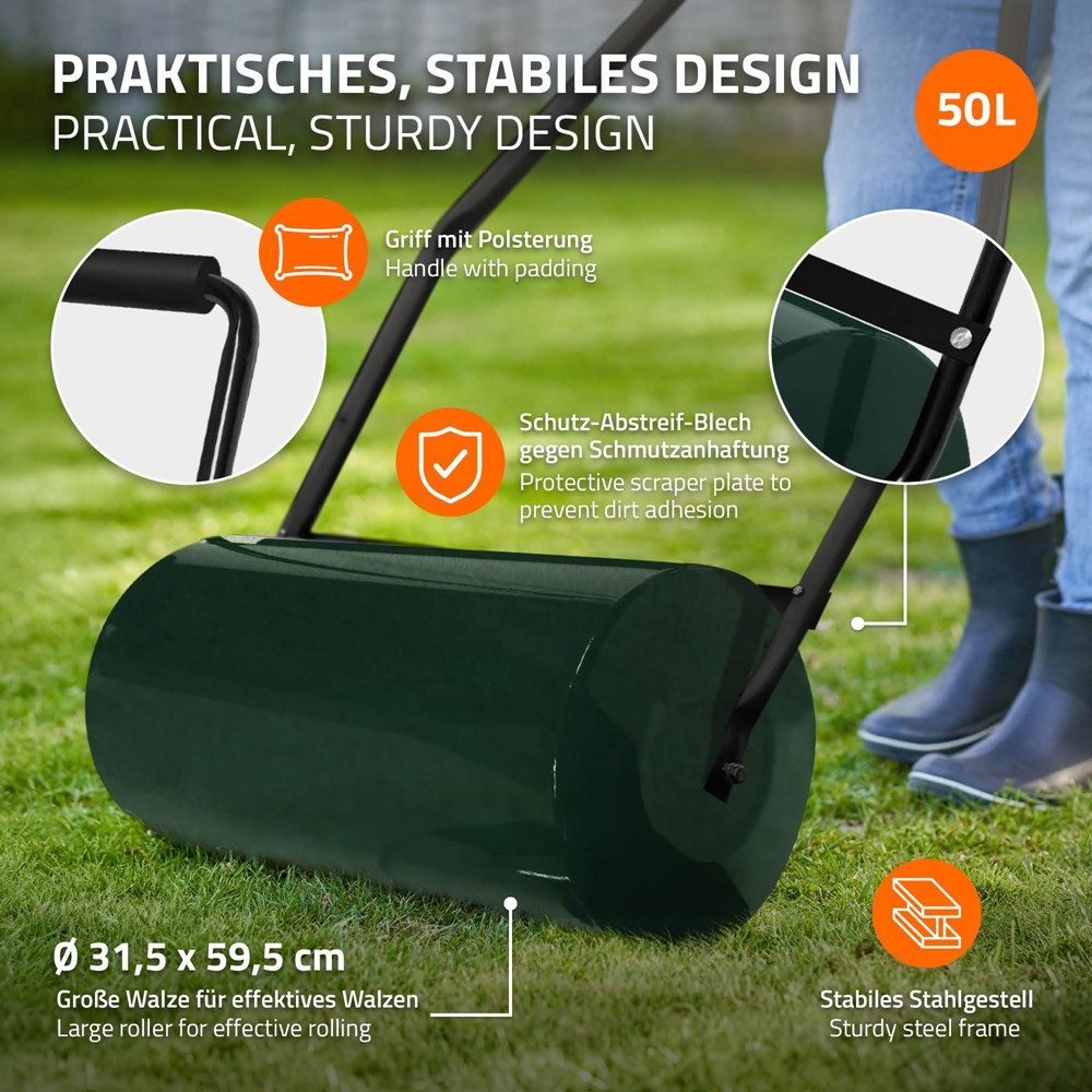 ECD Germany Rasenwalze Rasenroller zur Bodenverdichtung befüllbar mit Wasser/Sand Bodenwalze, 59.5 cm,Stahl Gartenwalze 50L Füllvolumen 60 cm breit Ø31,5cm Handwalze Grün