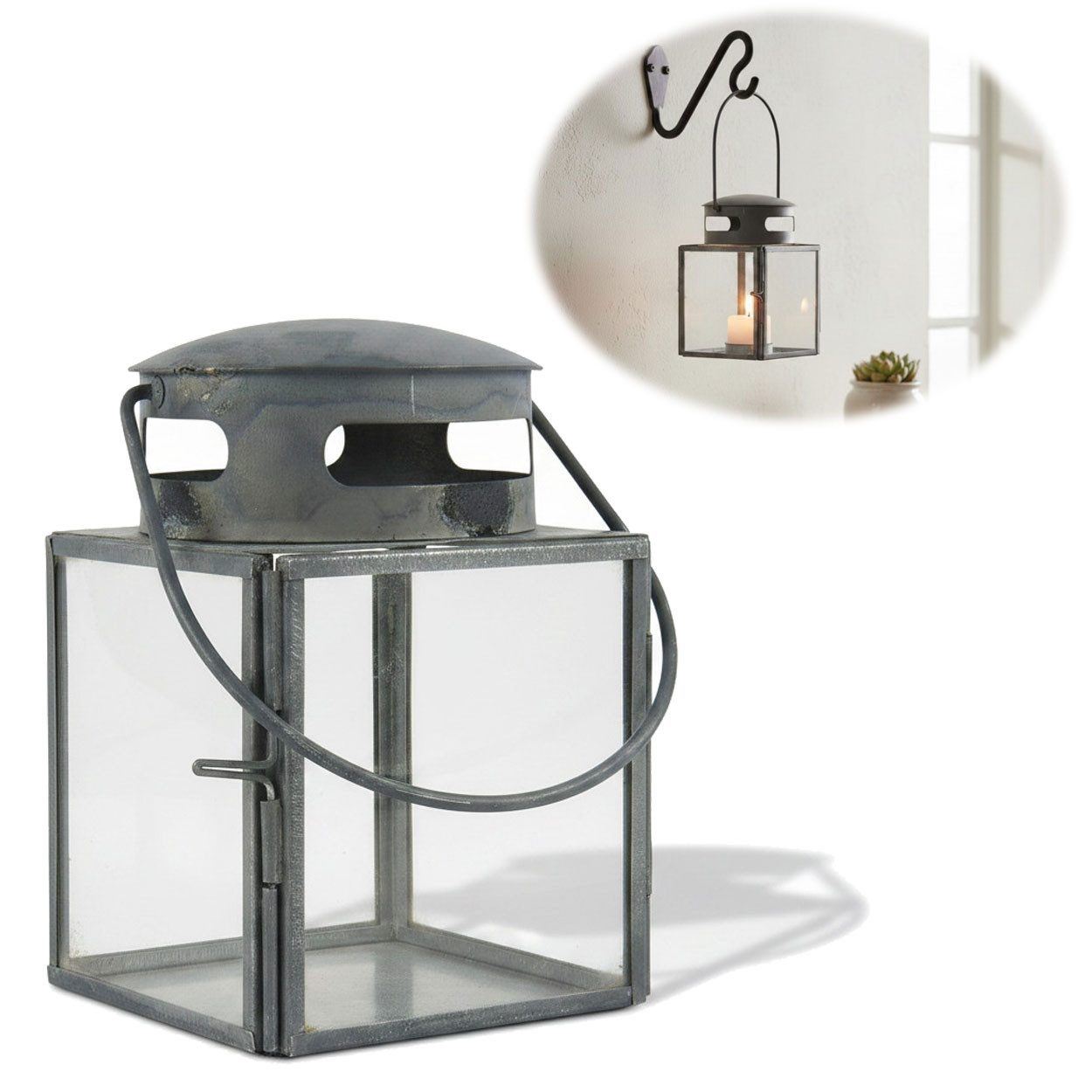 LS-LebenStil Teelichthalter IB Laursen Vintage Laterne Windlicht 10cm Metall Grau Teelicht (Windlicht zum Aufhängen für Teelichter und kleine Stumpenkerze, 1 St., Halter Kerzenständer Tischdeko Kerzenhalter Gläser für Teelichter), Deko Hochzeit Ostern Weihnachten Konfirmation