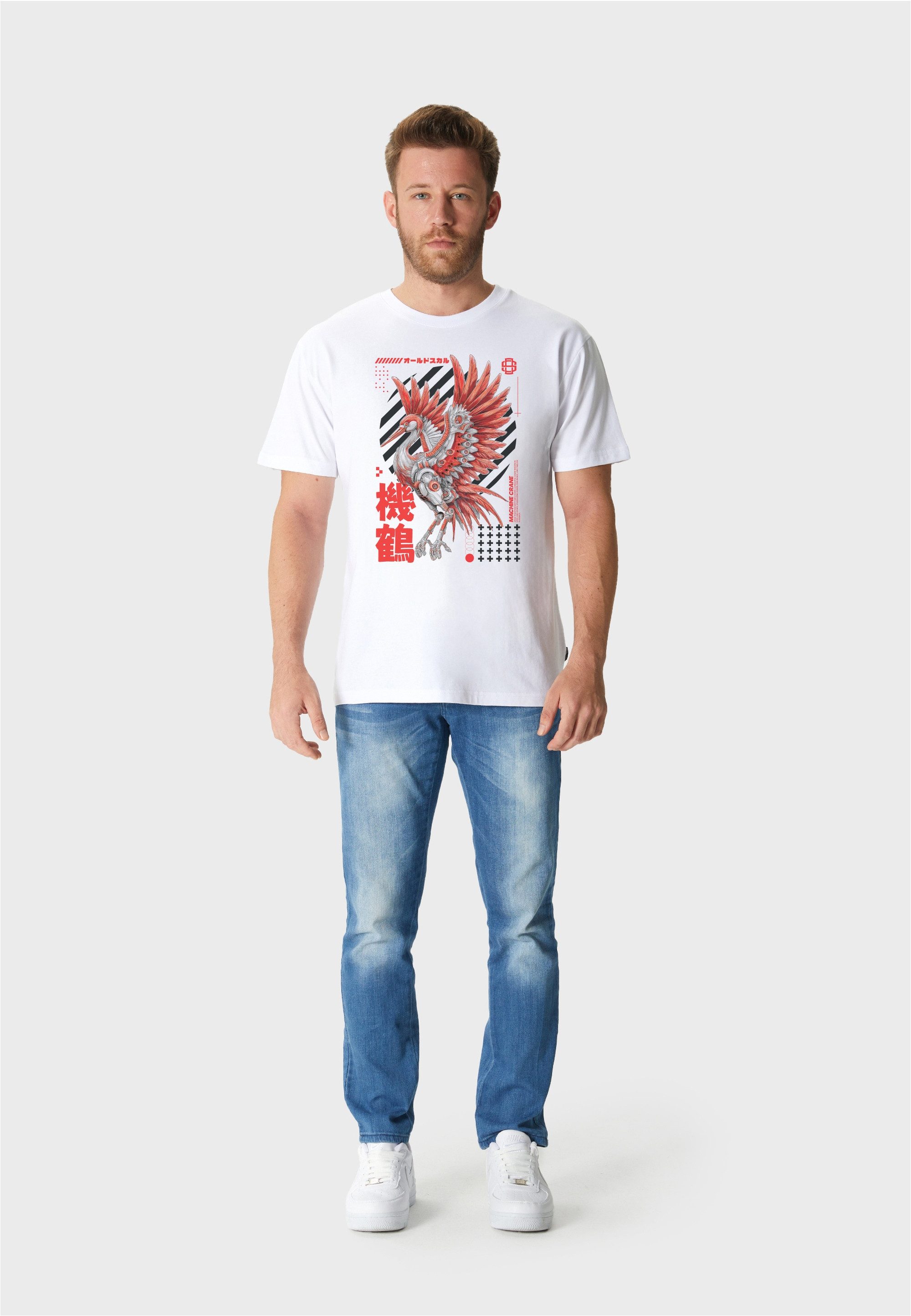 Oldskull T-Shirt Asian Neon Cyber Crane Graphic mit Fotodruck im fernöstlichen Stil
