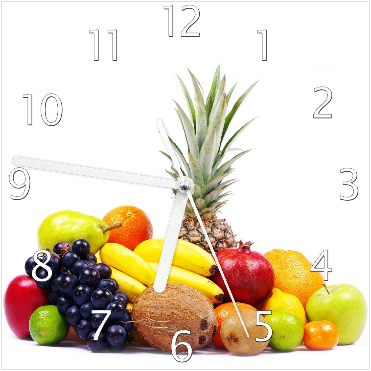 Wallario Wanduhr Gemischtes Obst aus aller Welt - Exotische Obstsammlung (Glasuhr)