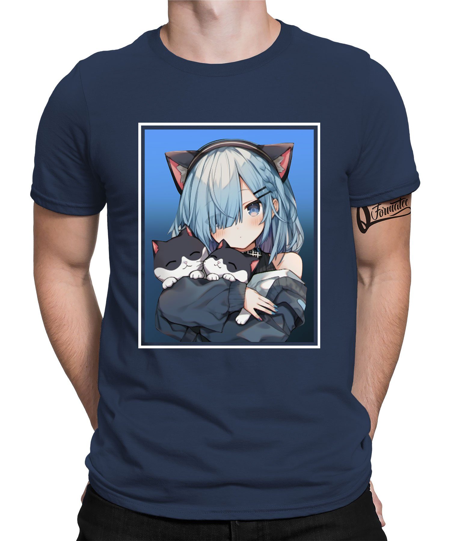 Quattro Formatee Kurzarmshirt Anime Girl Katze - Ästhetik Herren T-Shirt (1-tlg) Navy Blau