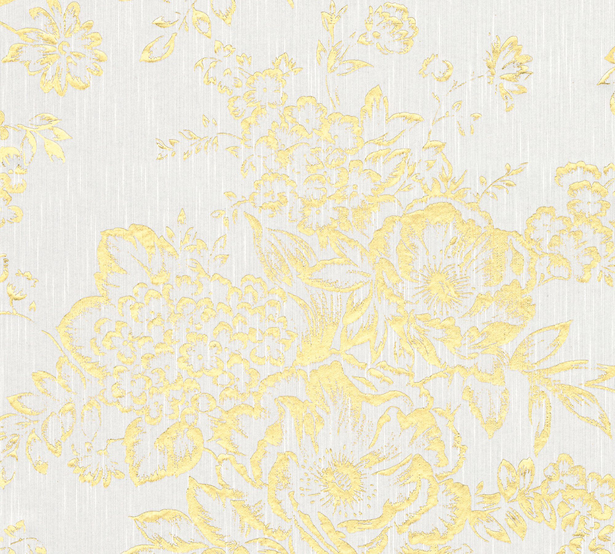 A.S. Création Paper floral, Barocktapete samtig, glänzend, Architects Textiltapete Silk, Blumen gold/weiß Metallic matt, Tapete