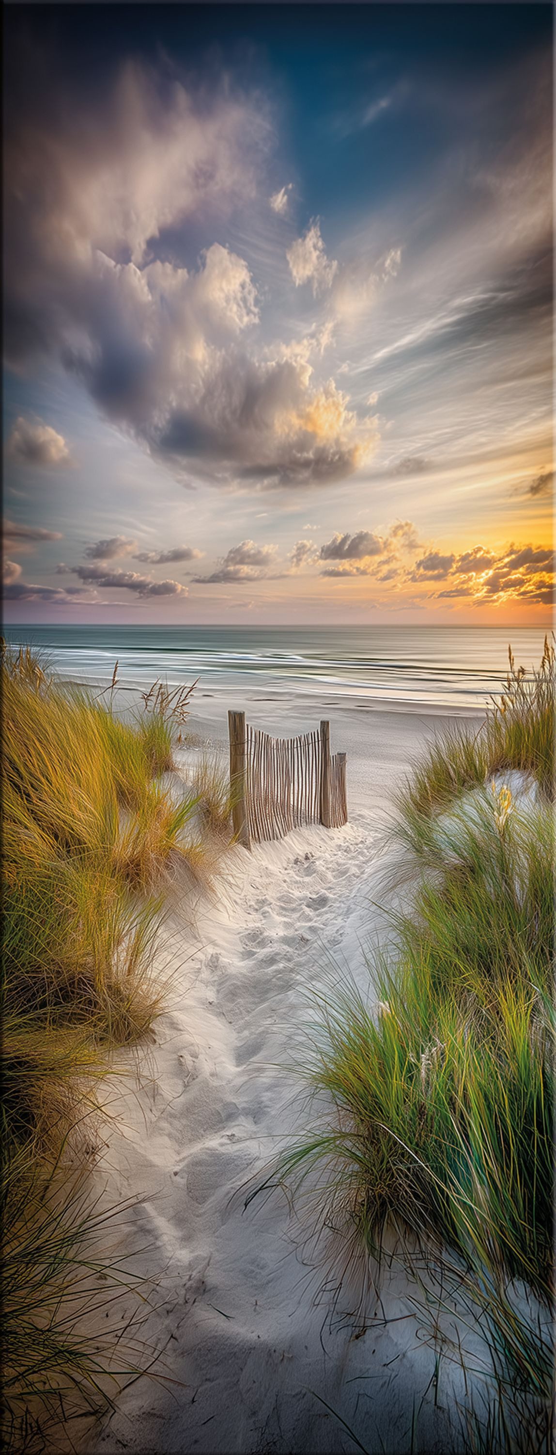 artissimo Glasbild Bild aus Glas 30x80 cm / Wandbild Hochformat / Wanddeko modern, Strand und Meer:Dünen im Sonnenuntergang
