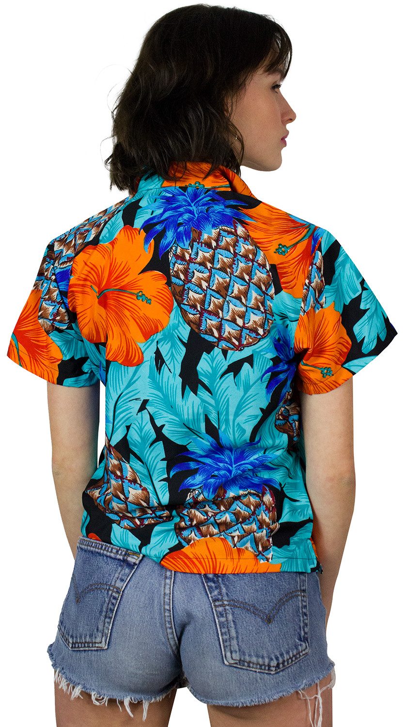 King Kameha Hawaiihemd Pineapple Hibiscus Funky Hawaiibluse Damen Kurzarm Front-Tasche