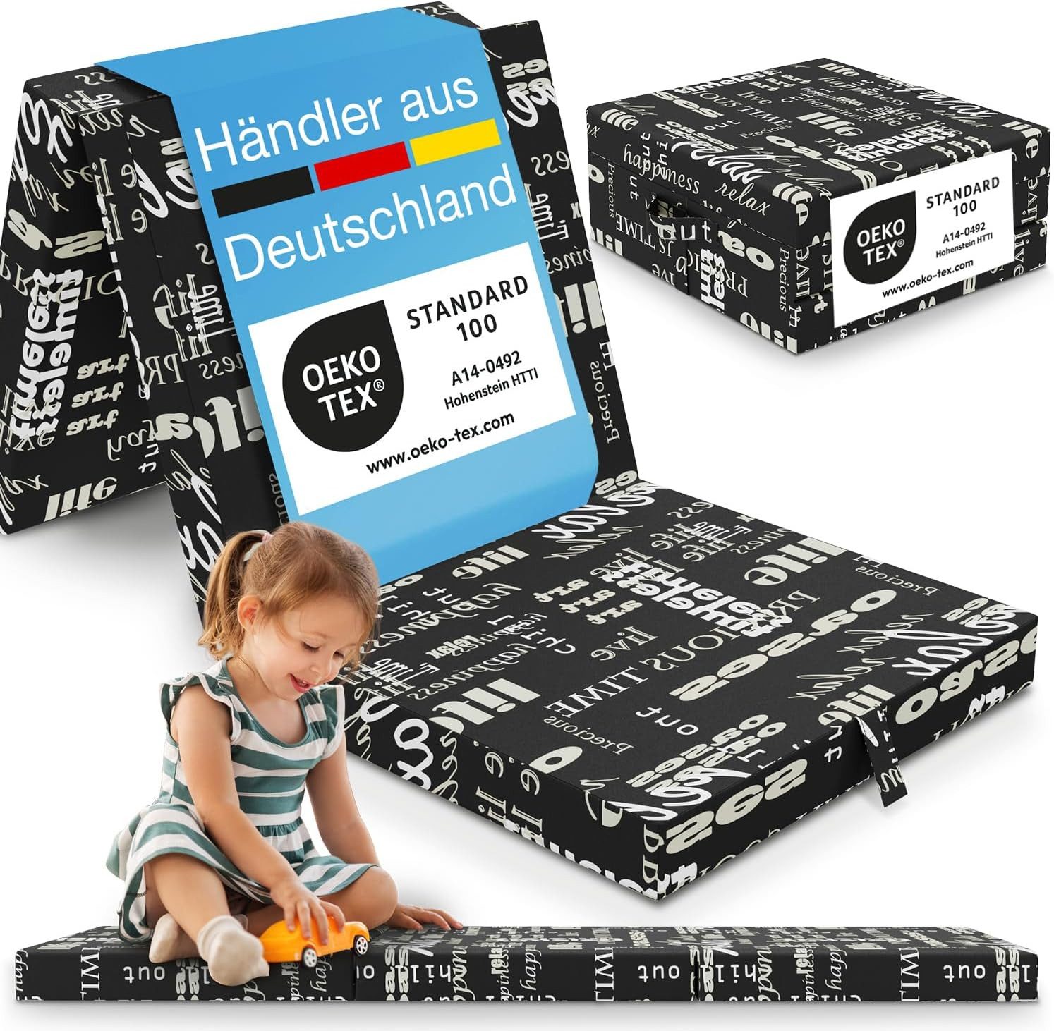 Klappmatratze Faltbare Kinder- & Erwachsenen-Reisematratze für Camping und Reisen, ELONEO, 9 cm hoch, verschied. Motive, inkl. Griff & Halteband