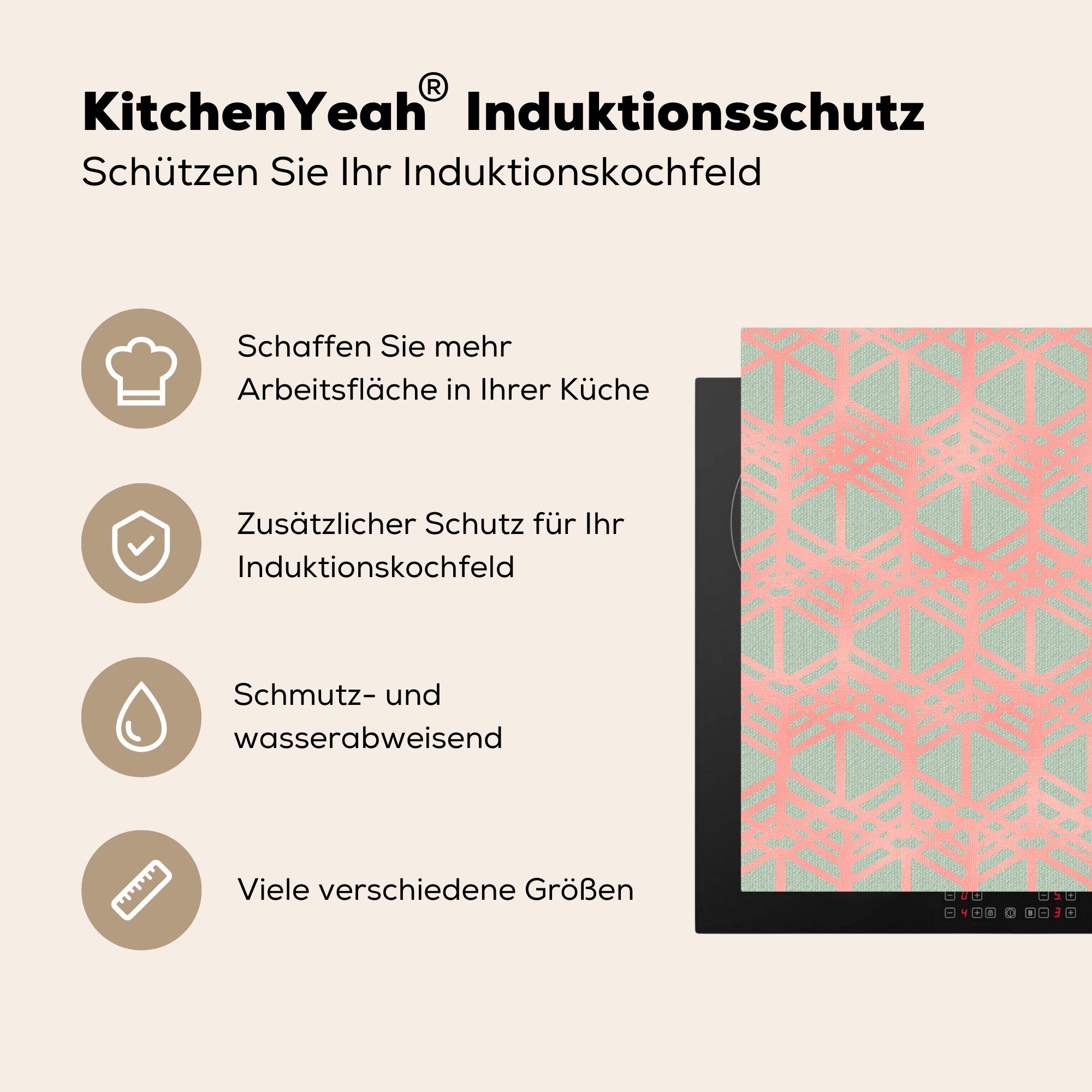 Grün, - Arbeitsplatte Muster für MuchoWow 78x78 cm, (1 tlg), Rosa - Vinyl, Ceranfeldabdeckung, Herdblende-/Abdeckplatte küche