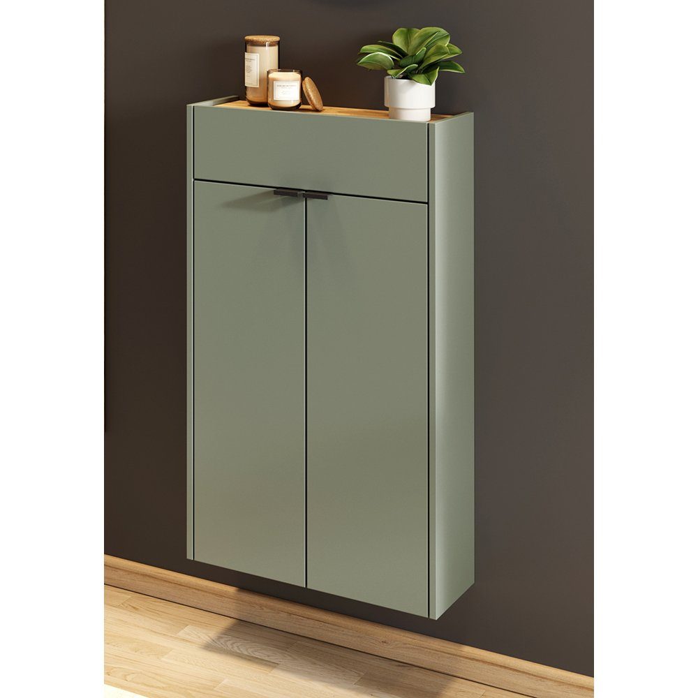 Lomadox Schuhschrank ABERDEEN01 grün mit Eiche Nb., ideal für schmale