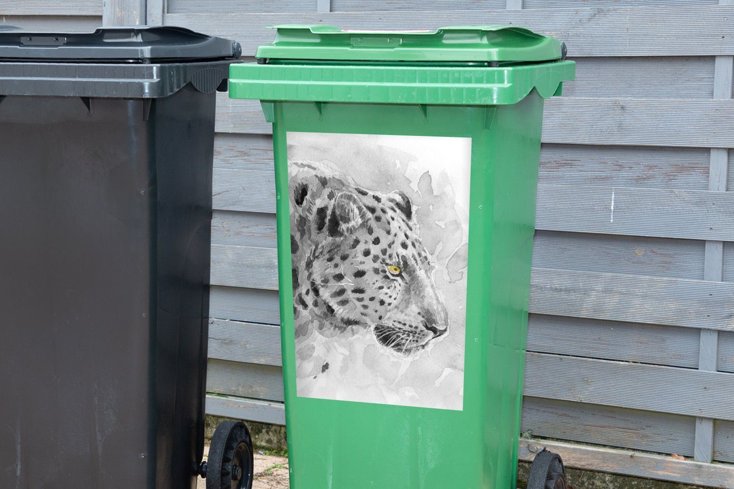 MuchoWow Wandsticker Panther - Aquarell - Weiß - Mülltonne, Sticker, Schwarz St), Mülleimer-aufkleber, (1 Abfalbehälter Container