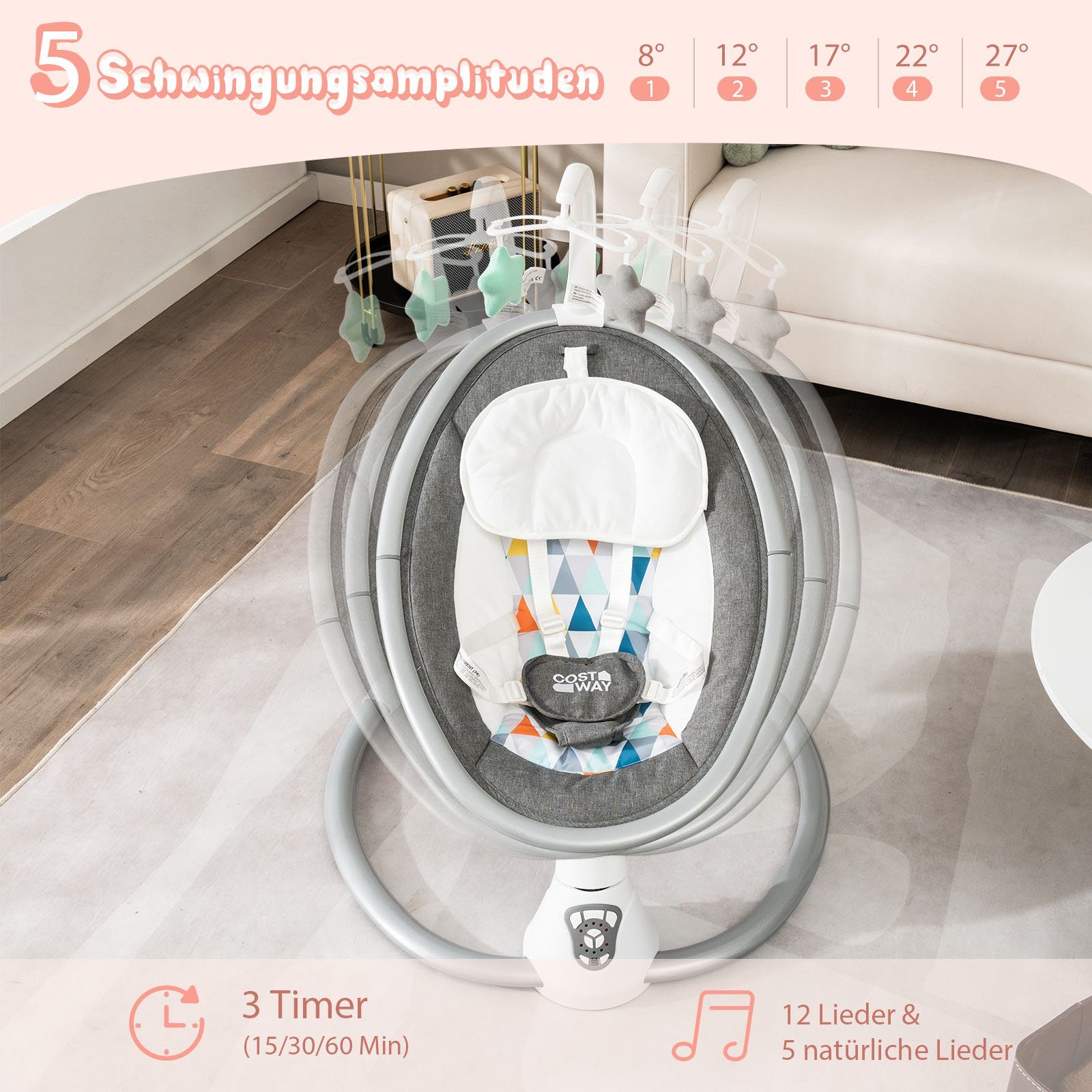 COSTWAY Babywippe Babyschaukel, elektrisch mit 5 Schaukelstufen, Musik günstig online kaufen