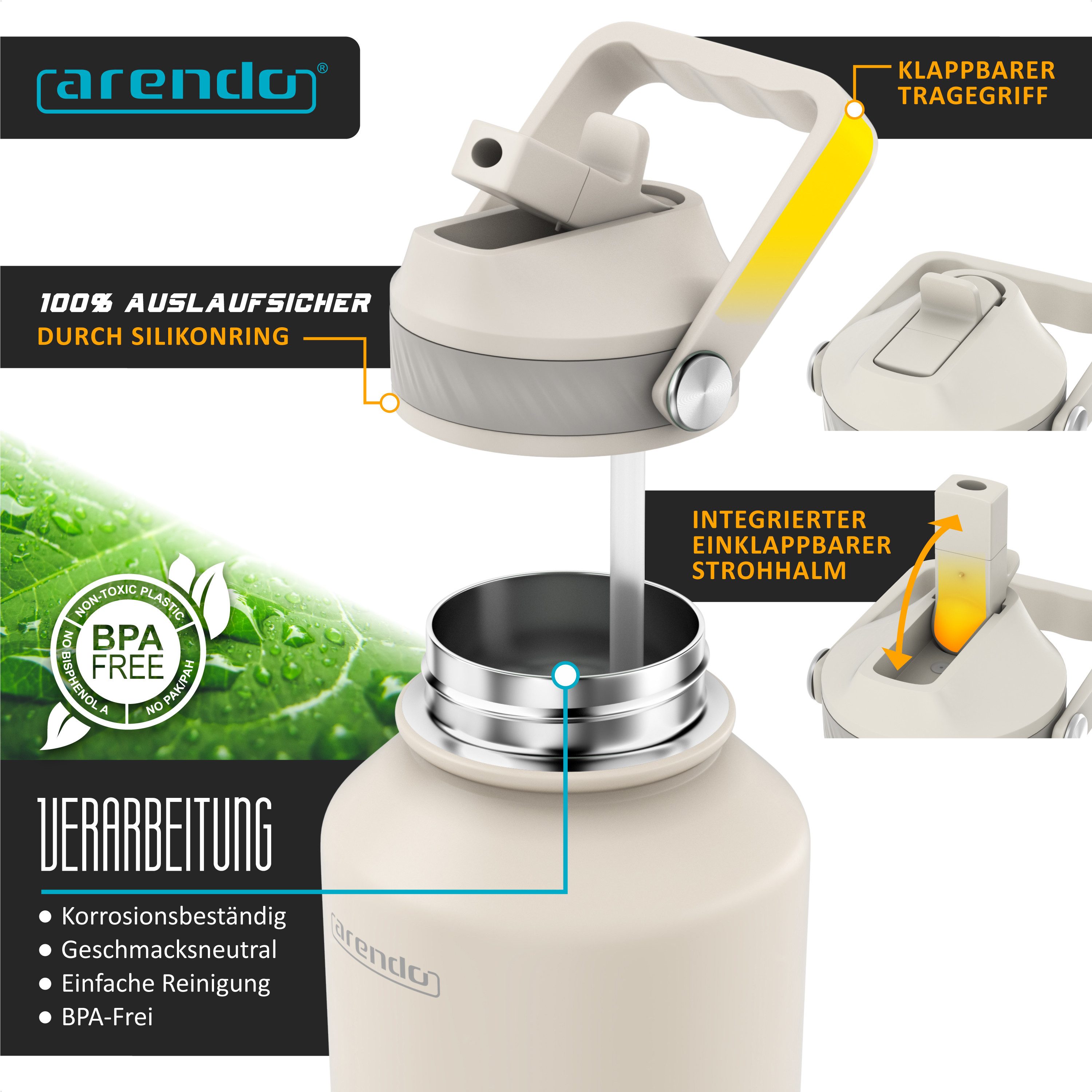 Arendo Thermobecher Travel Mug 1000 ml, Isolierbecher mit Strohhalm, 100% auslaufsicher, 1-tlg., Edelstahl, doppelwandig, Vakuum-Isolierung, dicht, Klappverschluss, Tragegriff