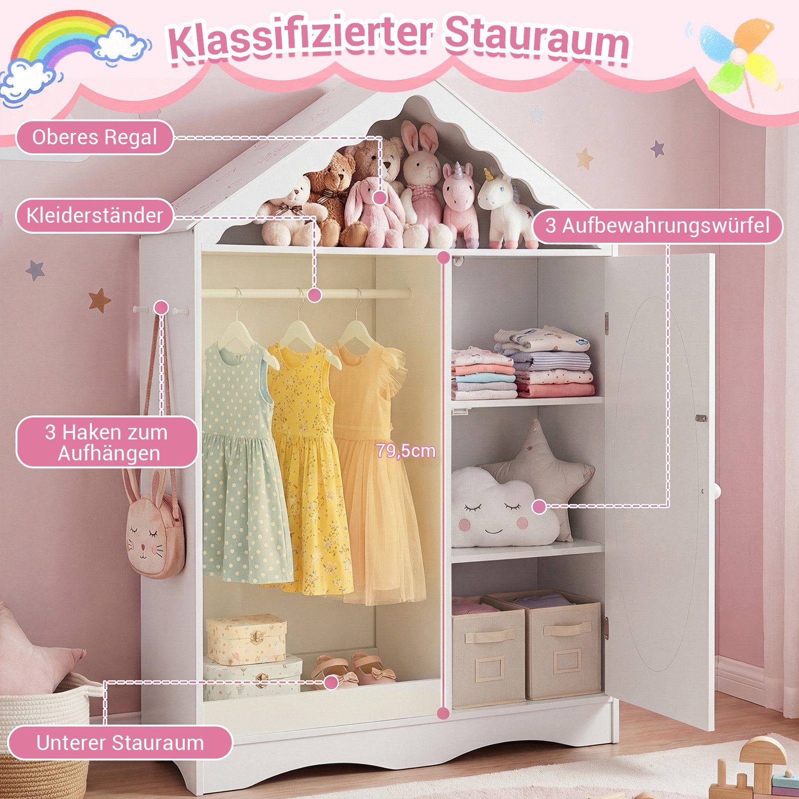 COSTWAY Kleiderständer, Dachförmiger, mit offener Kleiderstange, Regalen & Haken