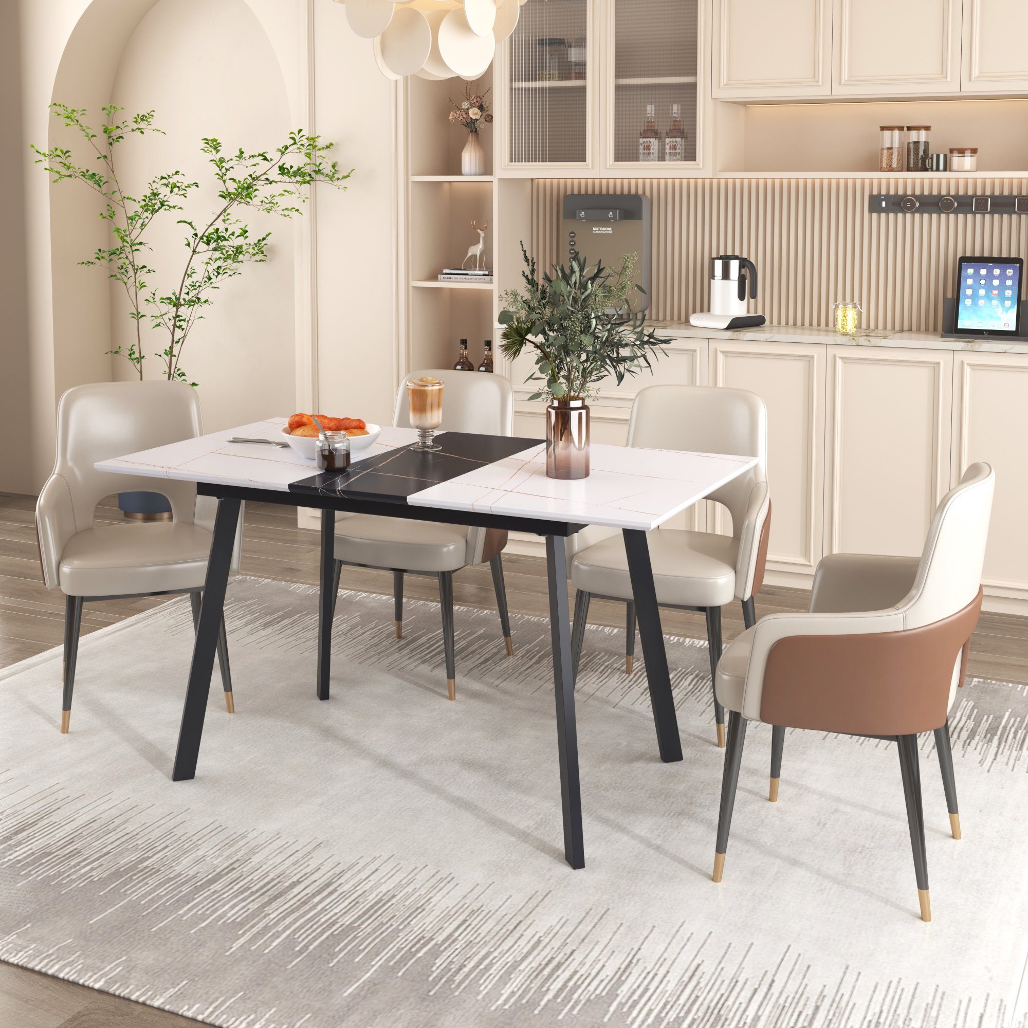 Ulife Esstisch Ausziehbarer Esstisch mattweiße Tischplatte mit Massivholzeinlagen (Stahlrahmen und Vierkantrohrbeine, 1-St), Doppelnutzung für Heim und Büro Weiß+Schwarz