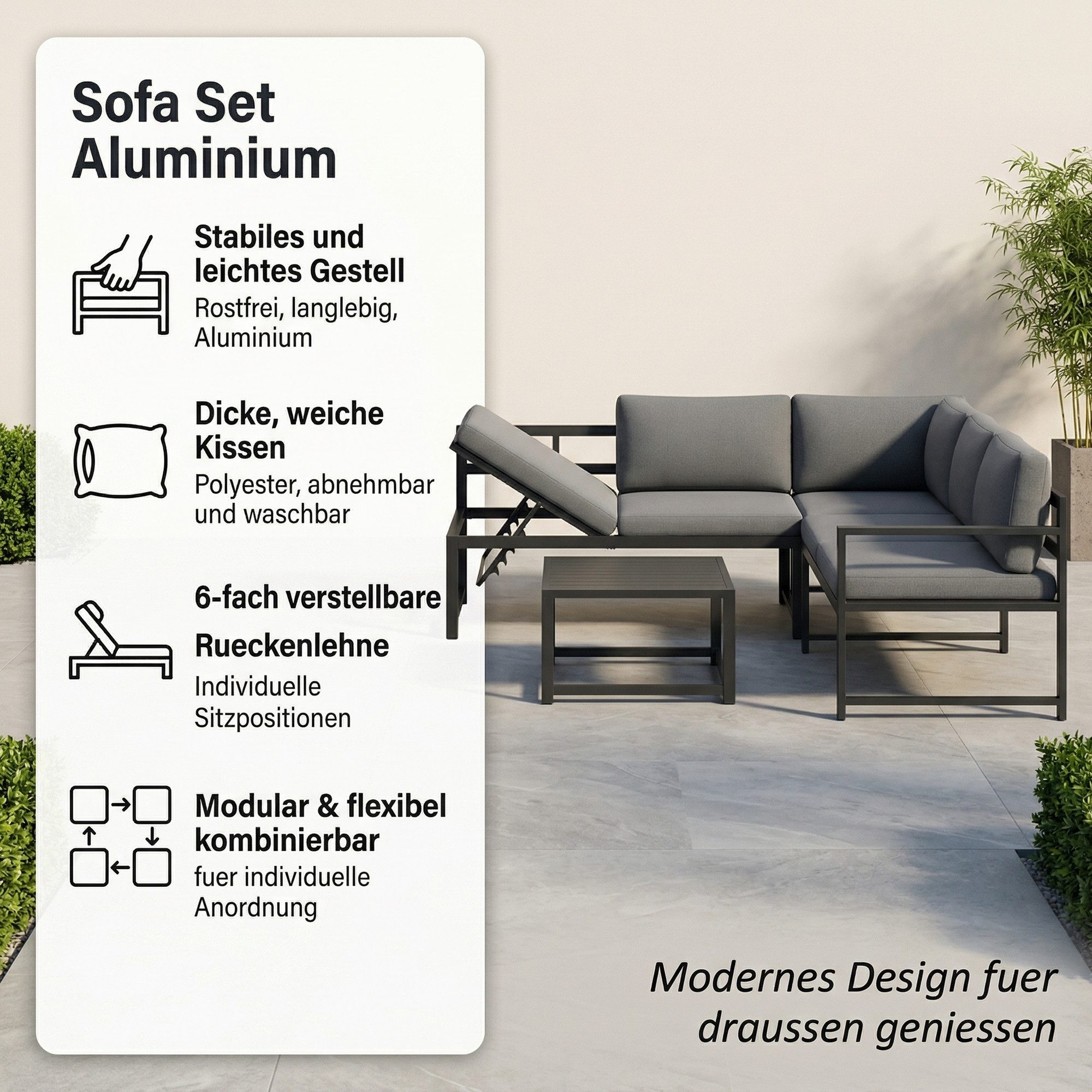 Mucola Gartenlounge-Set Ecksofa Aluminium mit Liegefunktion & Loungetisch wetterfest, (Gartenlounge-Set, 3-tlg., 3-teiliges Gartenlounge-Set), verstellbare Sitz – Bild 2 von 5