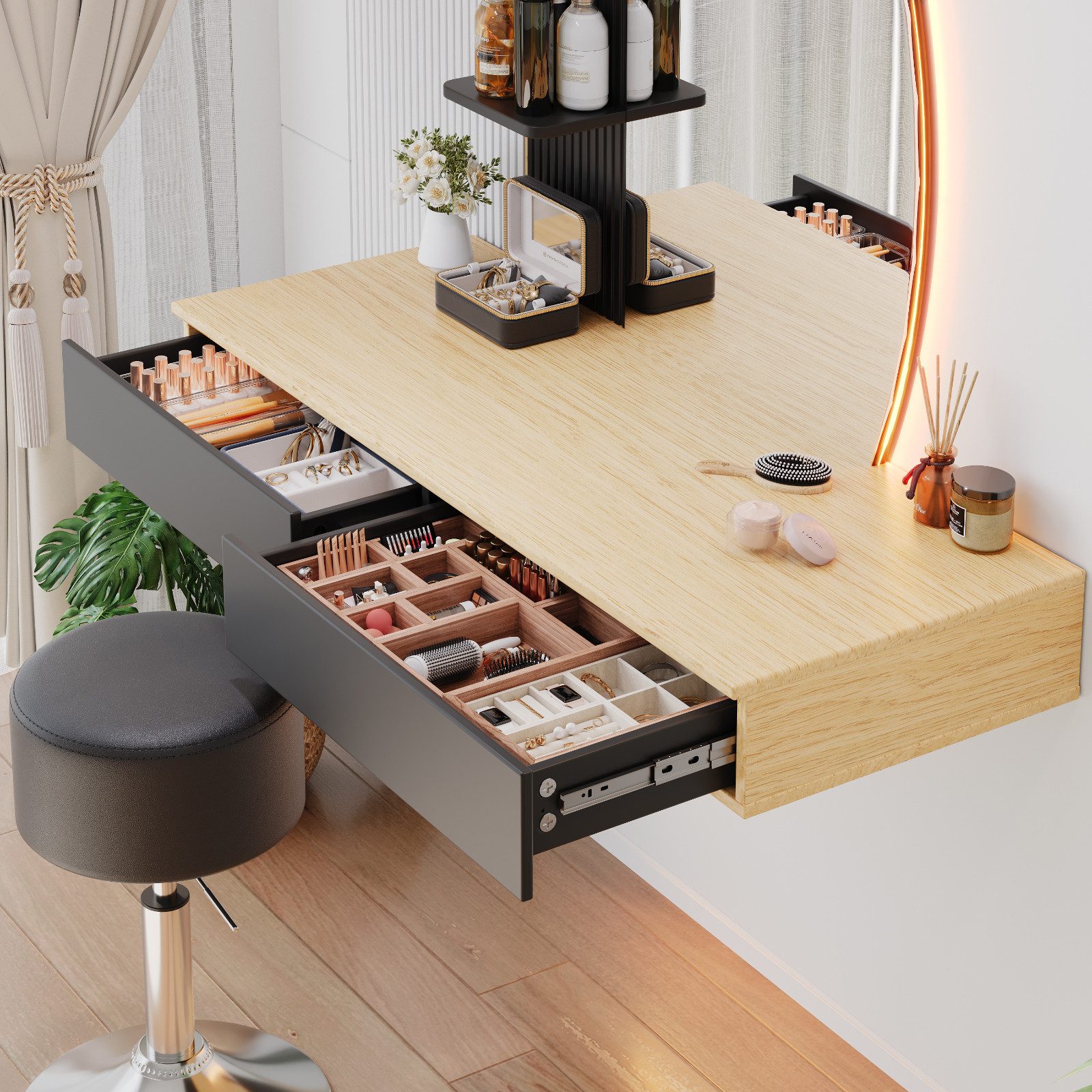 HOMALL Schminktisch Hängender Schminktisch mit LED-Beleuchtung (Maße: 106 × 40 × 143 cm, mit 3 offenen Ablagefächern, 2 Schubladen und drei einstellbaren Farbte – Bild 5 von 5
