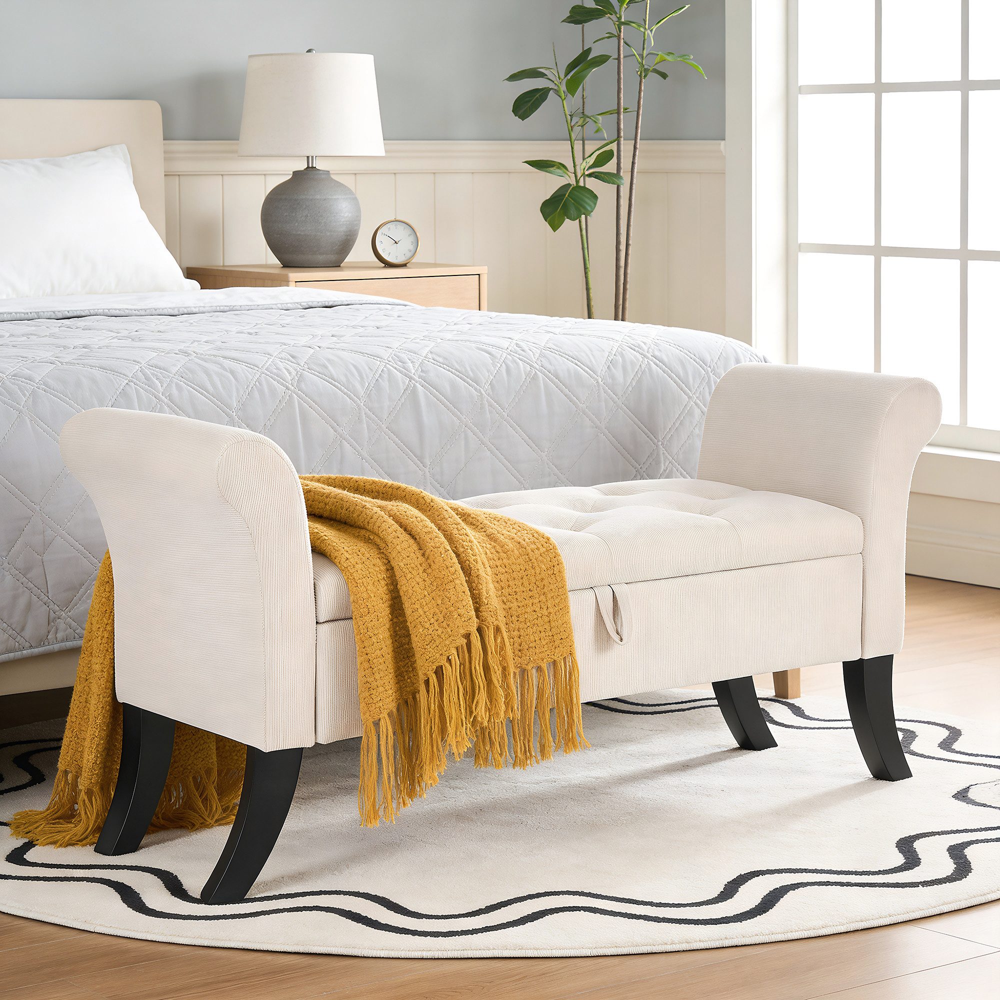 oyajia Bettbank Polsterbank Sitzbank elegant mit gerollten Seiten (Sitzhocker mit Stauraum,Fußstütze mit stabilen Holzbeinen, Bis 168kg), Sofabank fur Flur, Esszimmer, Schlafzimmer, Wohnzimmer