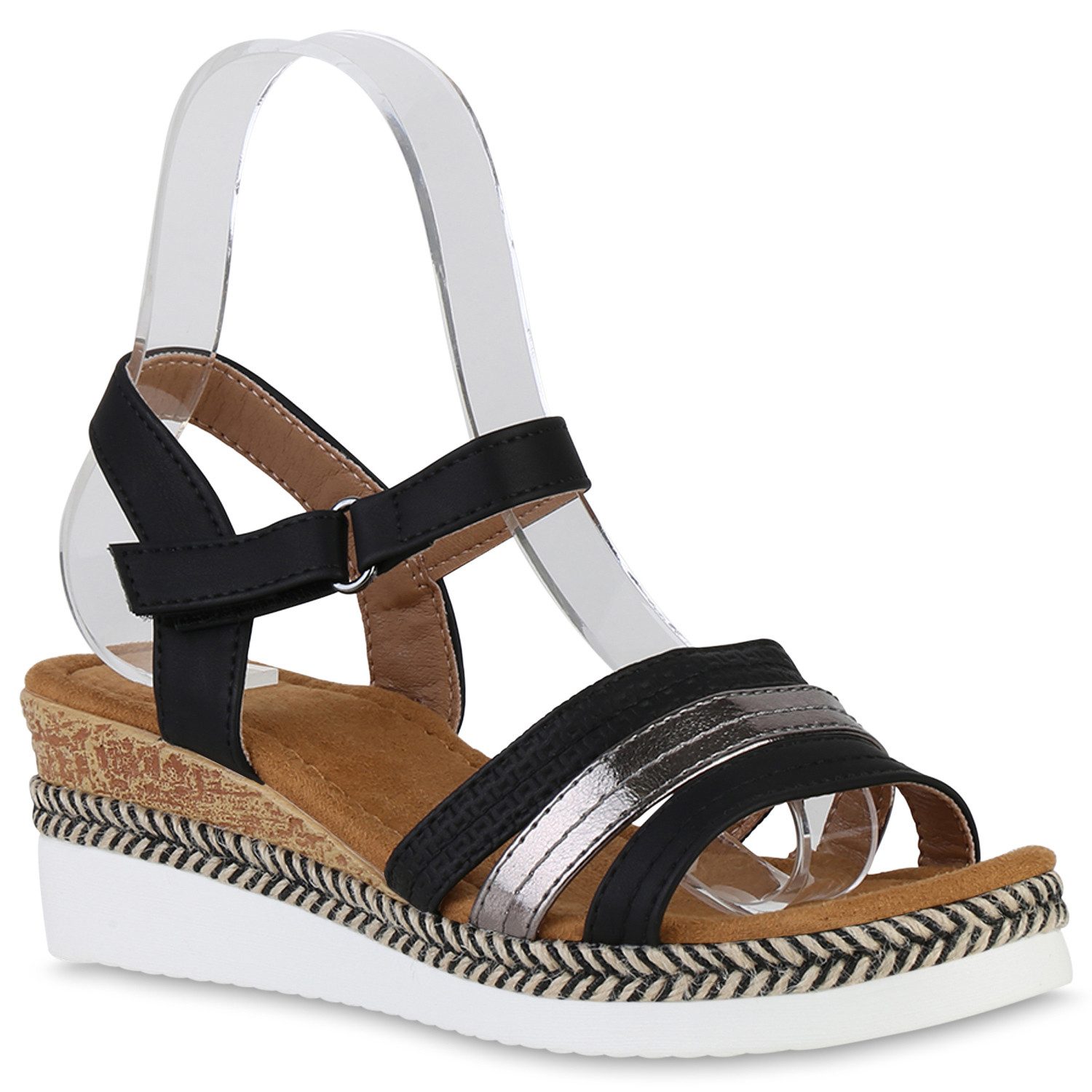 VAN HILL 840276 Keilsandalette Damen Sandaletten Keilsandaletten Metallic Profil-Sohle