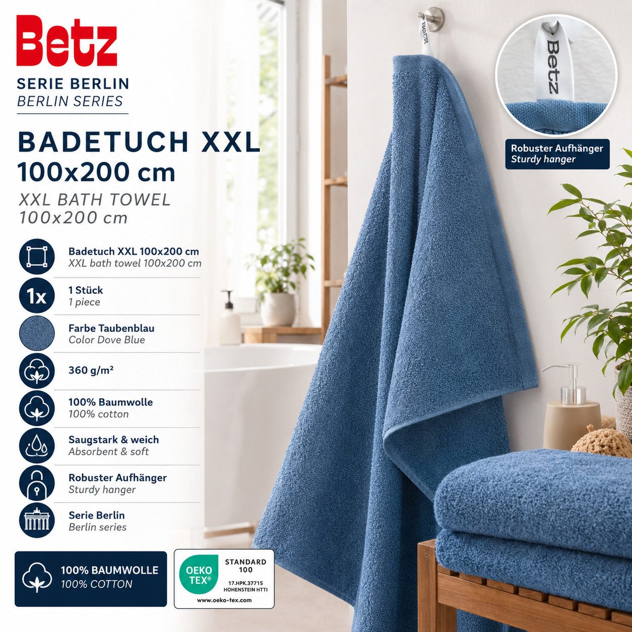 Betz Badetuch Berlin Größe 100 x 200 cm Saunatuch & Strandtuch 360 g/m², 100% Baumwolle (1 Stück, 1-St), saugstark & weich – großes Handtuch mit Aufhänger – Ser – Bild 2 von 5