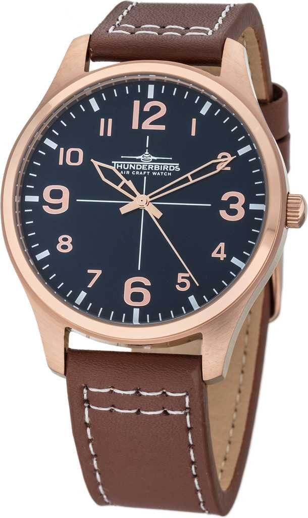 Thunderbirds Quarzuhr TB5000-15, Herrenuhr mit 40 mm Roségold-Edelstahlgehäuse, Lederarmband, Braun, elegante Armbanduhr für stilvolle Männer