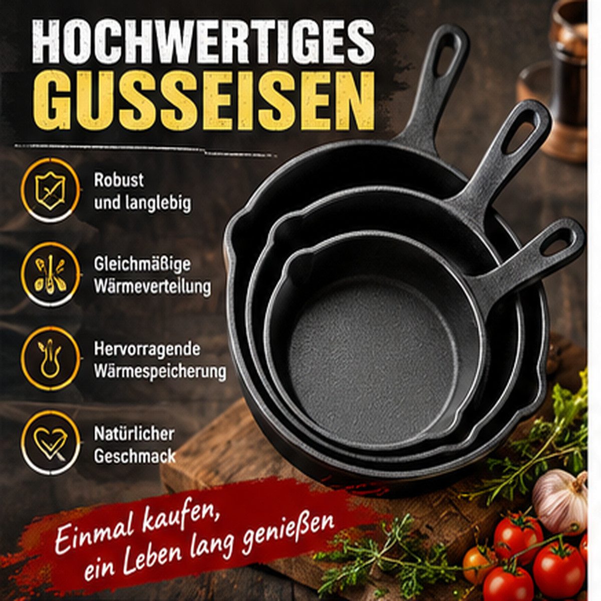 Fyrove Pfannen-Set die Pfanne, Gusseisen Pfanne Set, 3 teilig Pfanne Set, Pfanne mit Ausguss, Gusseisen (Set, 3-teiliges Set), Gleichmäßige Wärmeverteilung, Hervorragende Wärmespeicherung