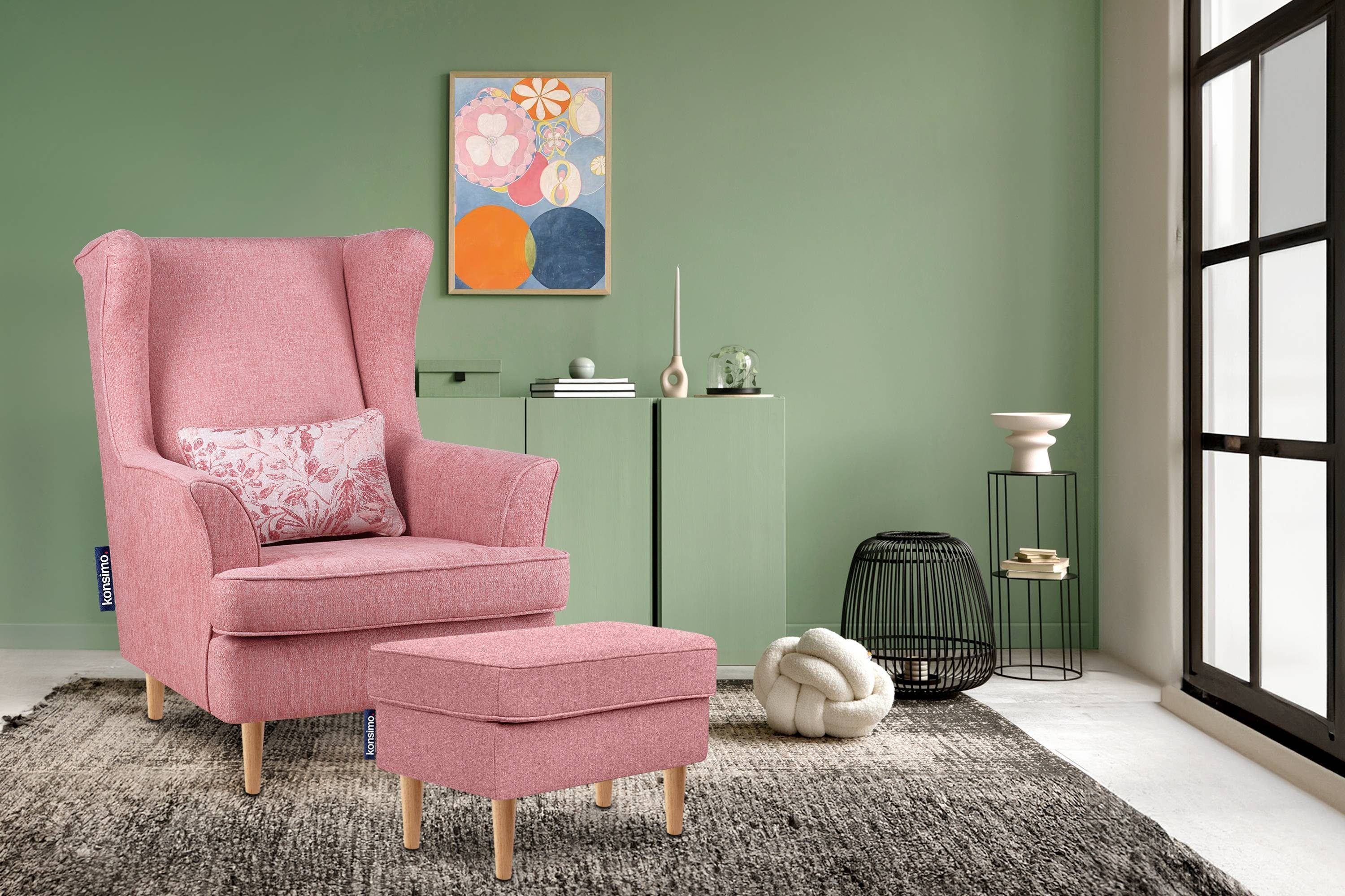 mit Füße, Sessel STRALIS Kissen hohe Design, zeitloses inklusive Hocker, dekorativem Konsimo Ohrensessel