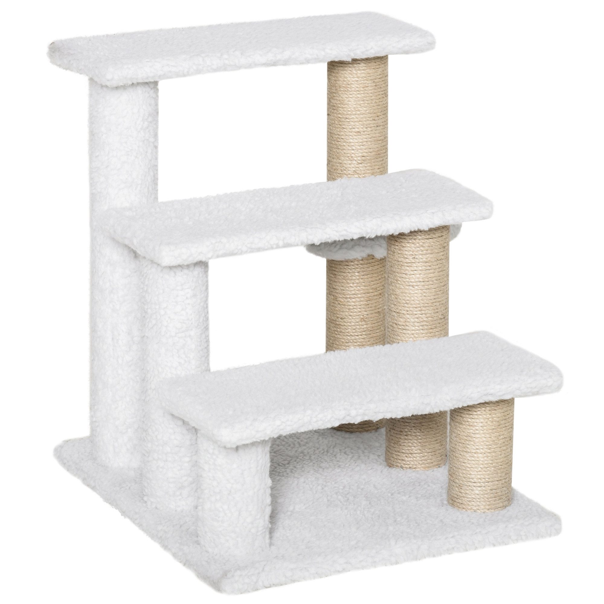 MC Star Haustiertreppe Katzentreppe 3-stufige mit Kratzsäulen Ball Hundetreppe (Tiertreppe für Katzen bis 5 kg Plüsch Jute Weiß 45 x 40 x 48 cm)