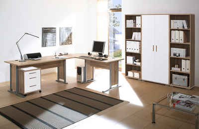 moebel-dich-auf Aktenschrank OFFICE LINE (Büromöbel-Set Arbeitszimmer Büro, 7-St., Winkelschreibtisch + Rollcontainer + Aktenschrank + Aktenregale) in Eiche Sonoma / weiß