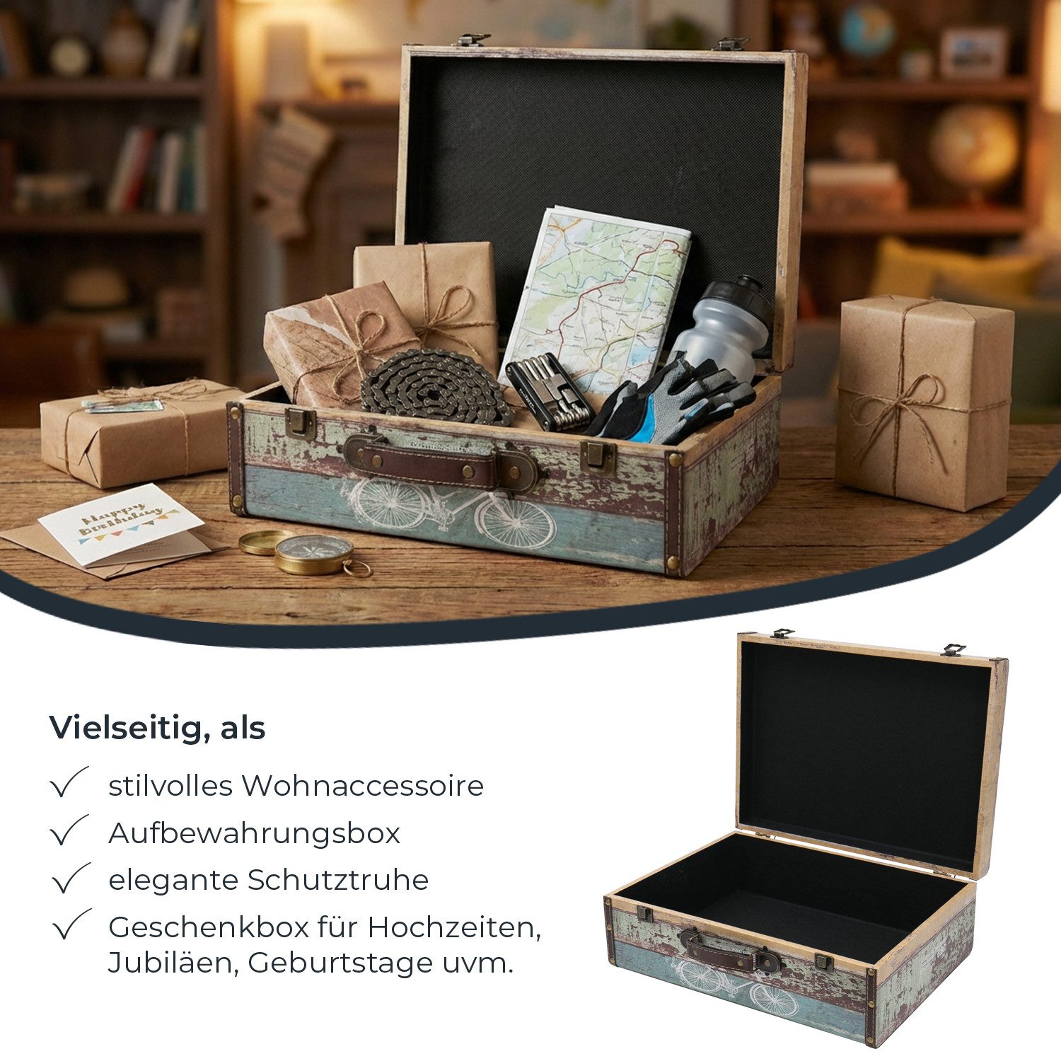 HMF Aufbewahrungsbox Handgefertigter Vintage Koffer aus Holz, Deko Koffer, Geschenkkoffer im Fahrrad Design, 44 x 32 x 16 cm