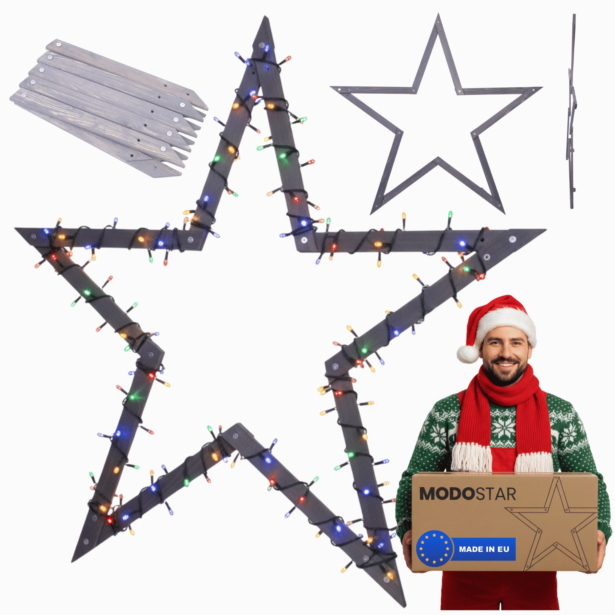 Modo24 Dekostern DIY MODOSTAR Weihnachtsstern Set aus FSC Holz 2D und 3D in 3 Breiten, zum Garten & Terrasse, wetterfest, faltbar & stabil, Weihnachtsdeko