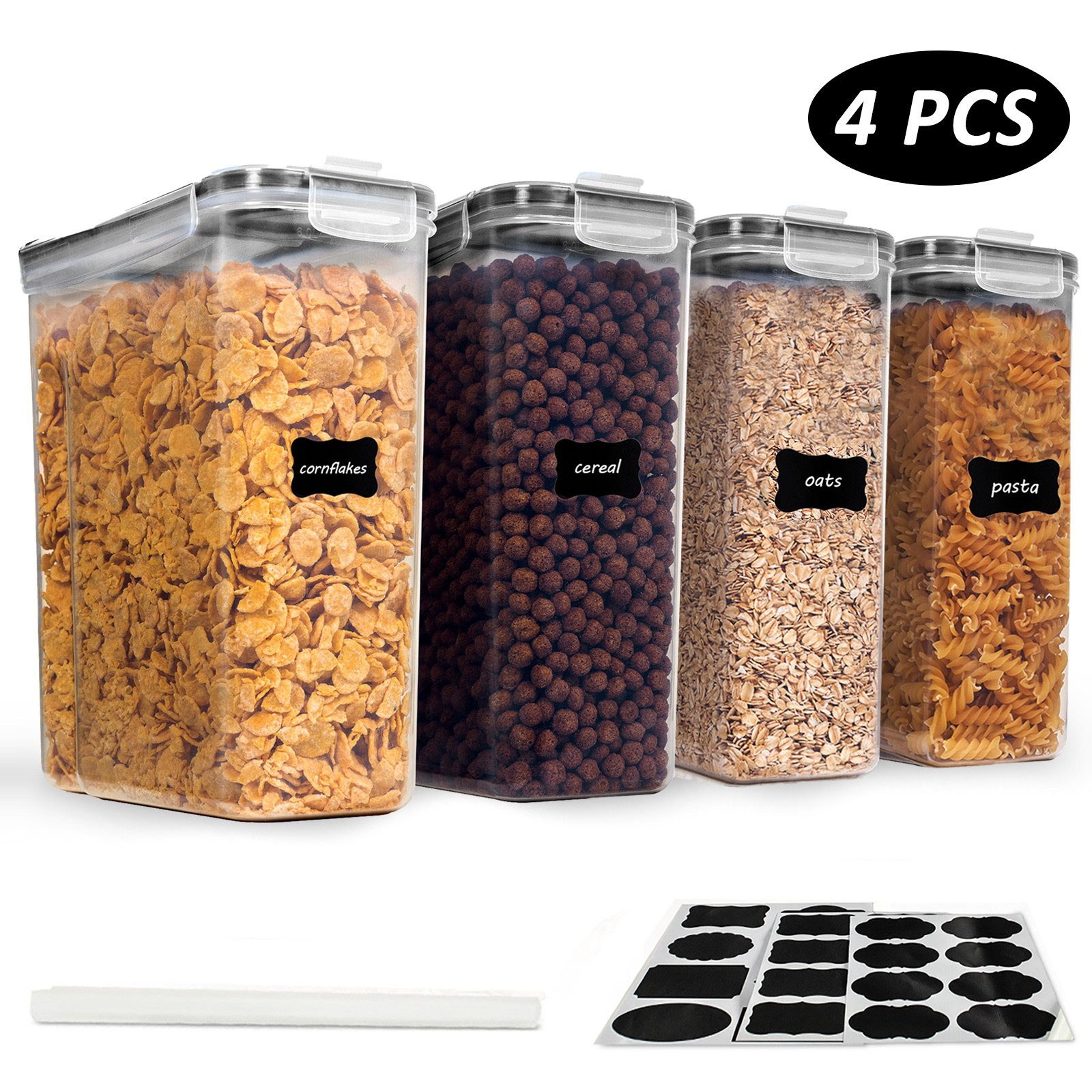 CALIYO Vorratsdose 4L Vorratsdosen Set,Müsli Schüttdose & Frischhaltedosen, Polypropylen (PP), (4-tlg., Satz mit 4 + 24 Etiketten für Getreide, Mehl, Zucker), BPA frei Kunststoff Vorratsdosen luftdicht