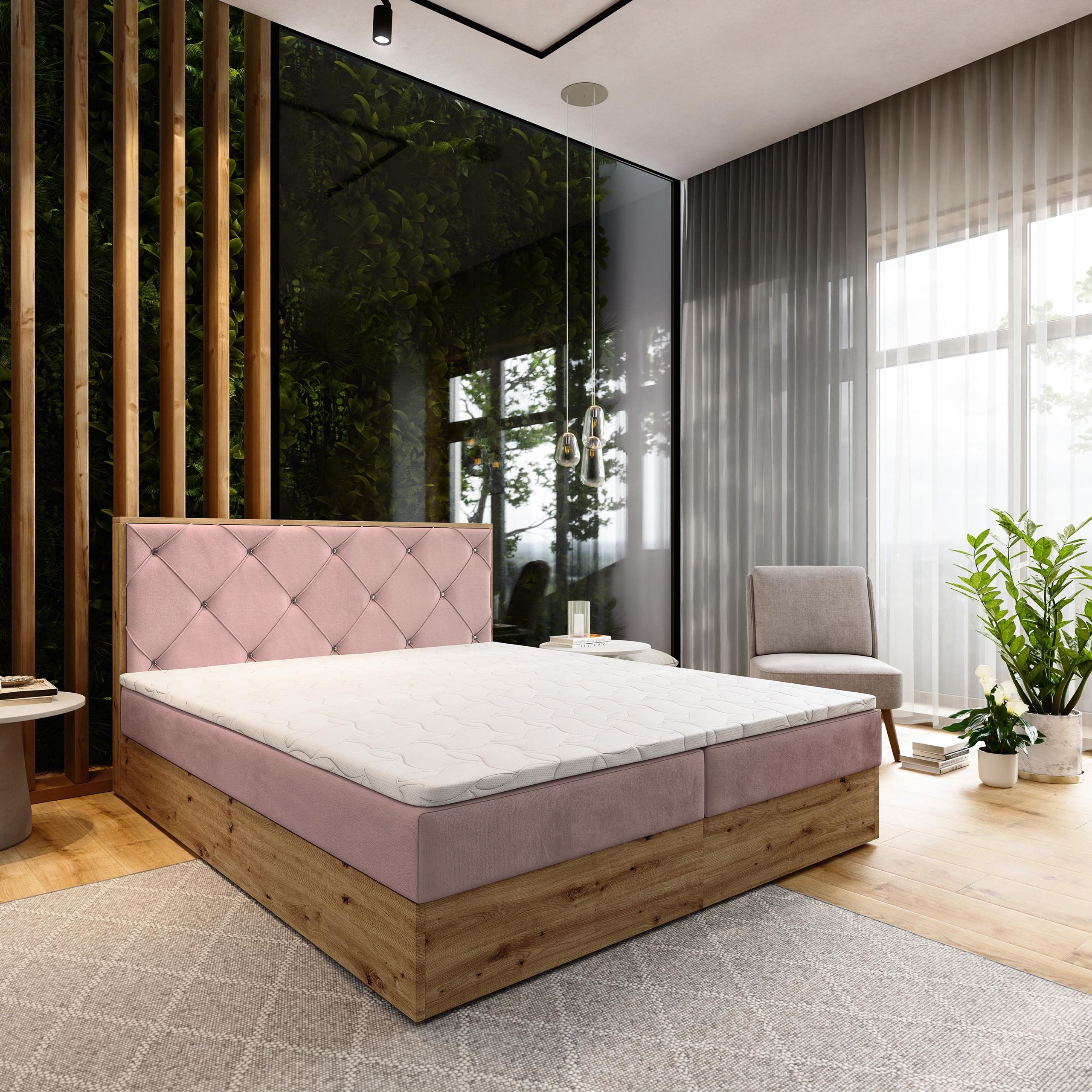 Masseno Boxbett FOSCO 180x200 cm mit Bonell Matratze und Topper, Doppelbett, Polsterbett mit Kopfteil, Boxspringbett