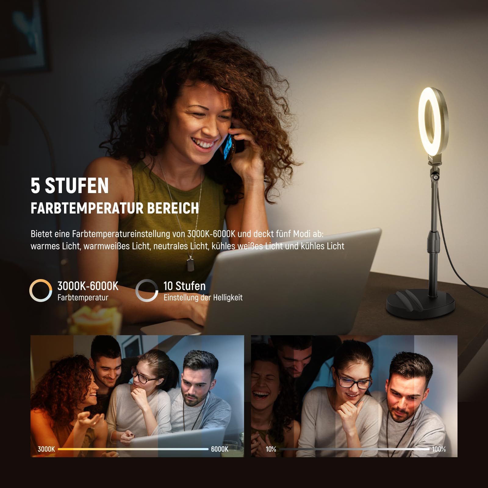 Neewer Ringlicht BR60 13cm Tisch Ringlicht mit Ständer,10W, Dimmbar, Höhenverstellbar, mit Telefonhalter Basis, Selfie Licht für Laptop Videolicht Makeup