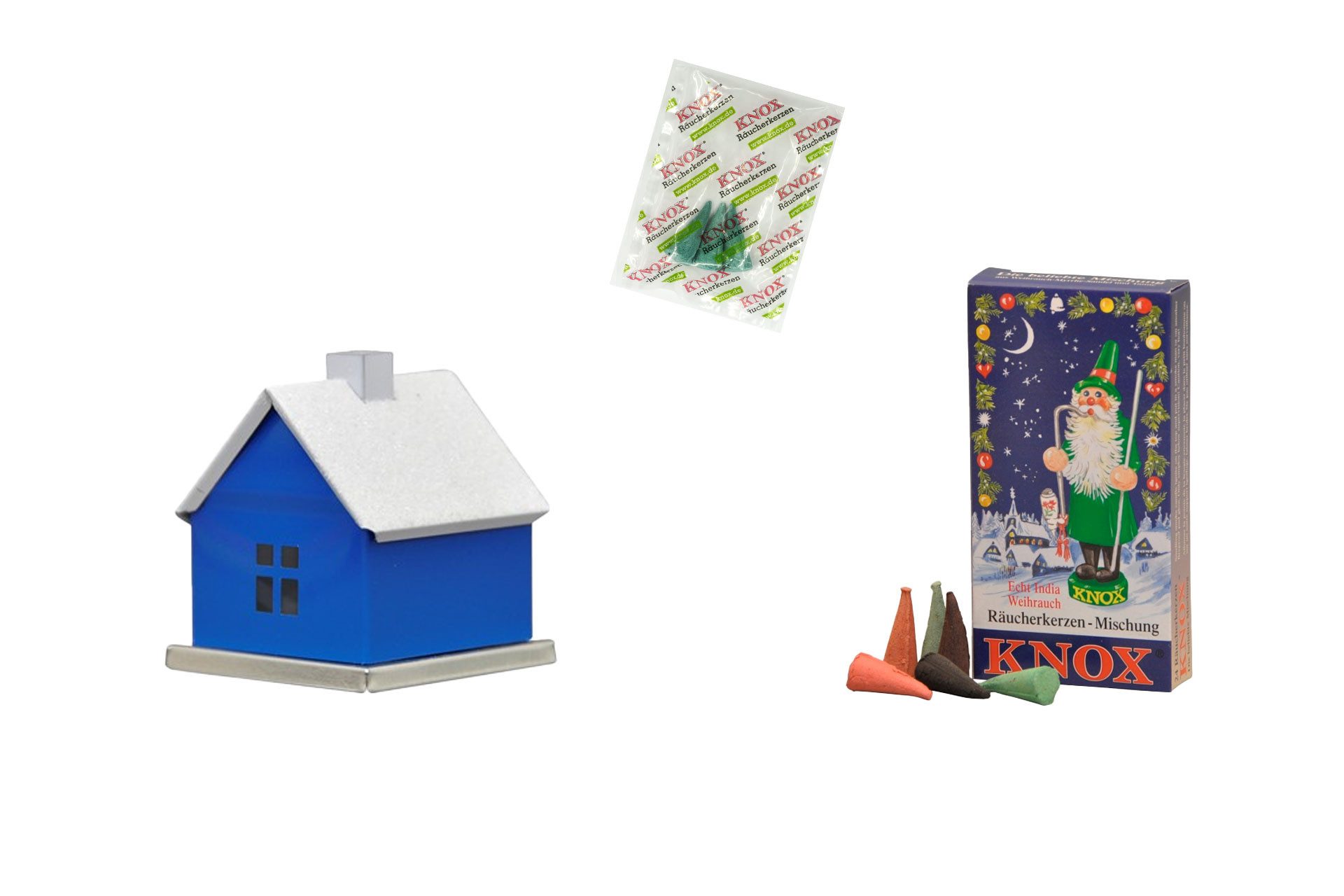 KNOX Räucherhaus Klassisch in Blau - 24 Räucherkerzen "Weihnachtsmischung", für winterlichen, klassischen Flair - Made in Germany