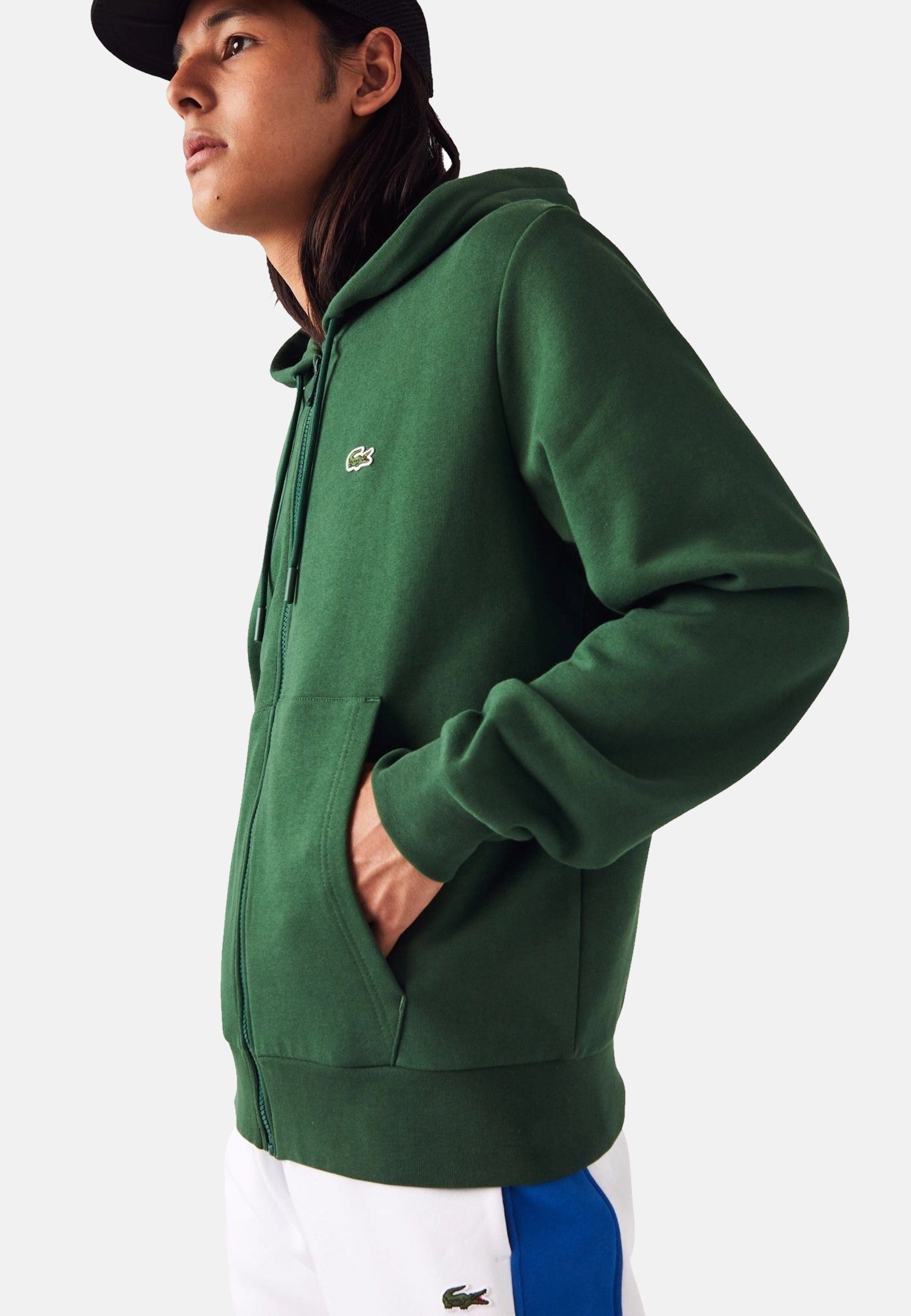 mit Lacoste Jacke Kapuzensweatjacke (1-tlg) Sweatshirt grün aus Fleece Kängurutasche