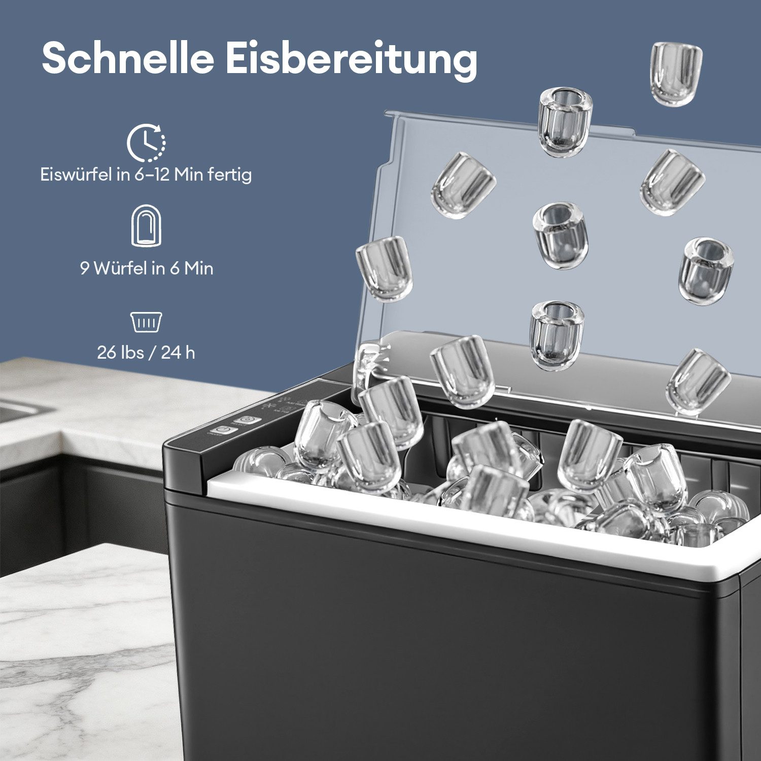 JVJH Eiswürfelmaschine Klein Ice Maker 9 Würfel in 6 Minuten (12kg/24h) 1,5L Wassertank, Eiswürfelbereiter mit Selbstreinigung Eisfüllsensor 2 Arten Eiswürfeln – Bild 2 von 5