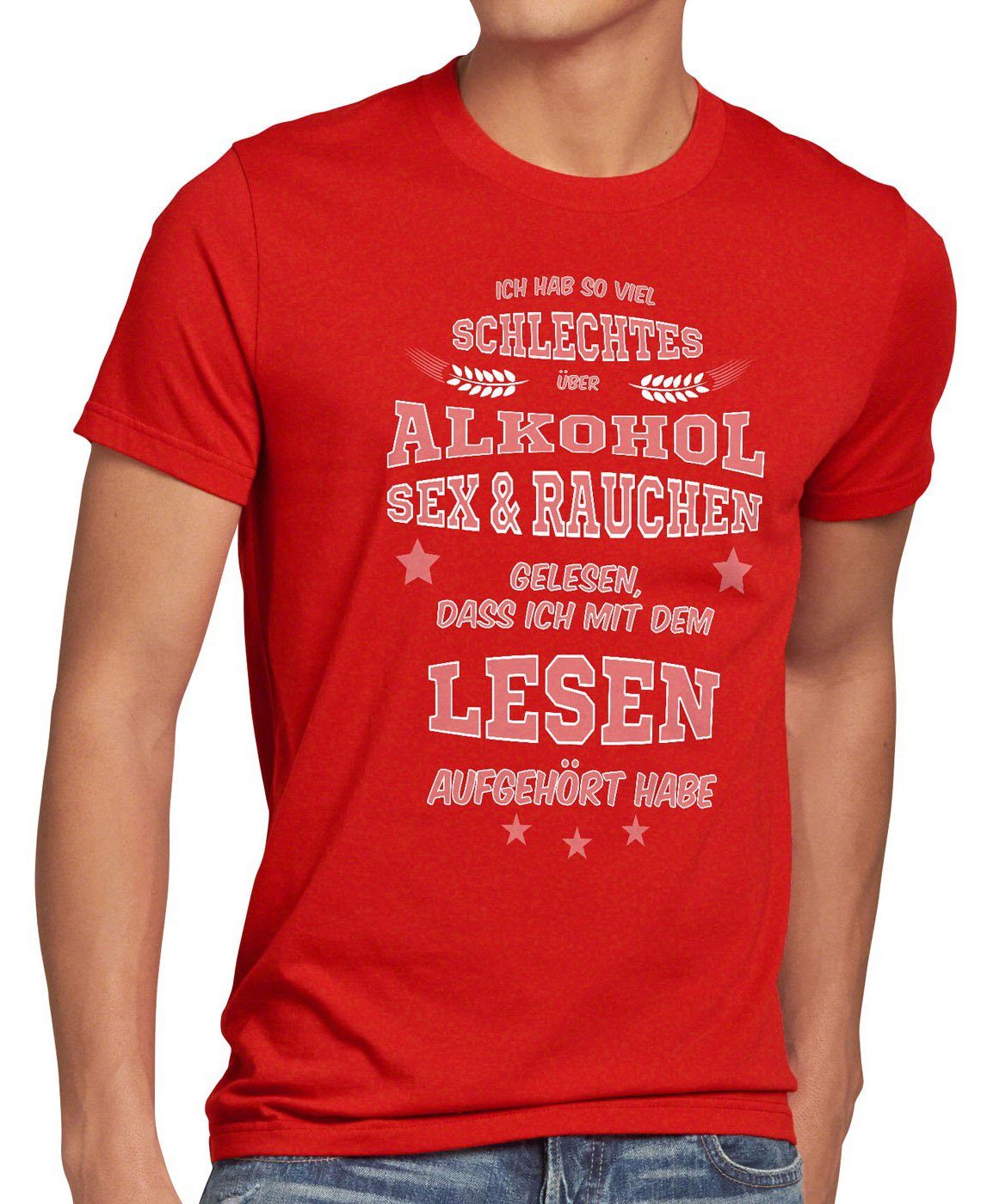 style3 Print-Shirt Herren T-Shirt Viel schlechtes Alkohol Sex Rauchen gelesen Spruch Fun Funshirt rot