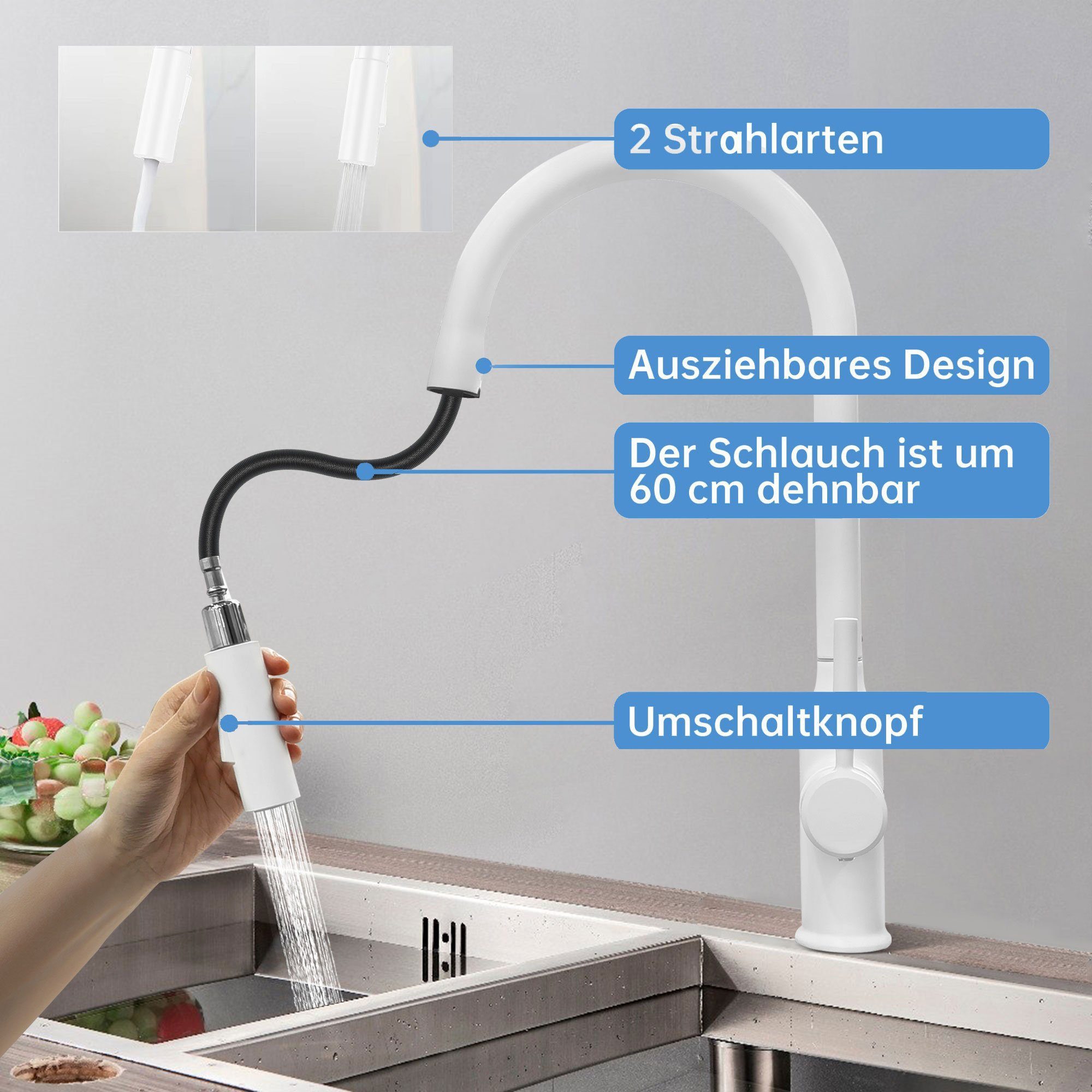 SEHAUSEU Küchenarmatur Wasserhahn Küche Bad Spültischarmatur Waschtischarmatur ausziehbar mit Ausziehbrause, Hochdruckarmatur – Bild 3 von 5