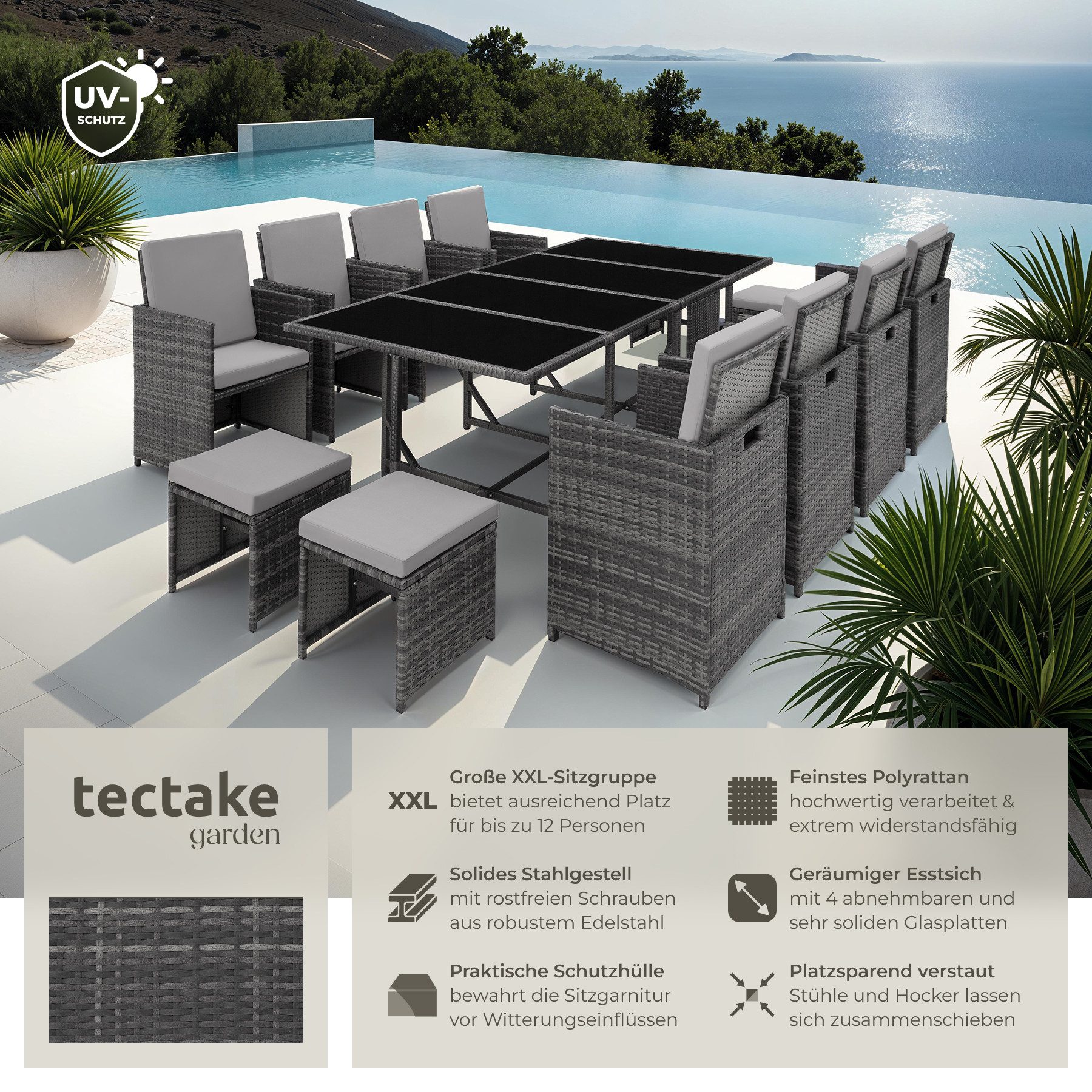 tectake Sitzgruppe Polyrattan Lounge Palma - wetterfest und stabil, (Lounge Set Palma, 12-tlg., in grau/hellgrau), Platzsparend durch Würfelsystem