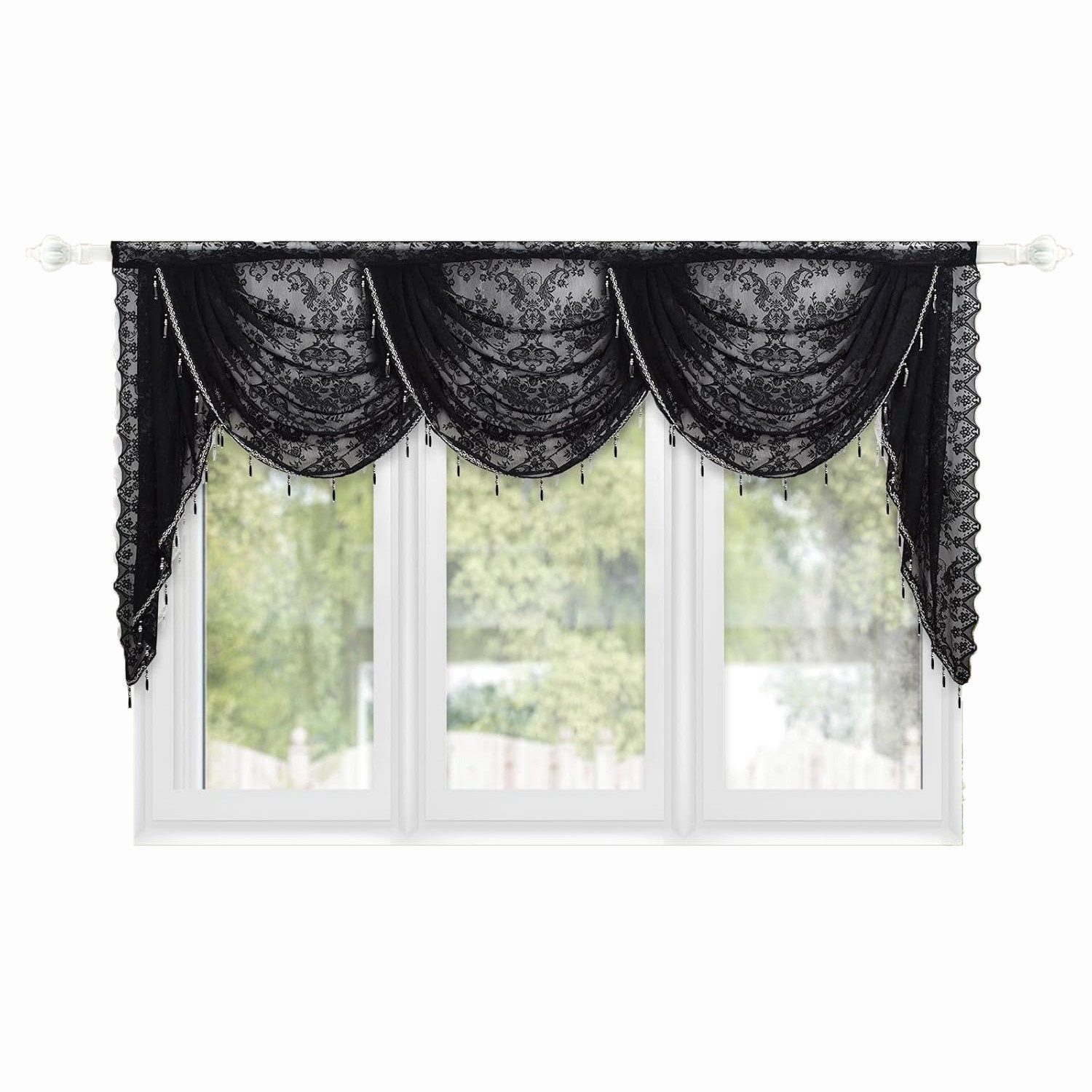 Zyronn Vorhang Halbtransparente Spitzen-Fensterdekoration mit Perlenquasten, Blumenmuster bestickter Voile-Vorhang für Wohnzimmer und Schlafzimmer